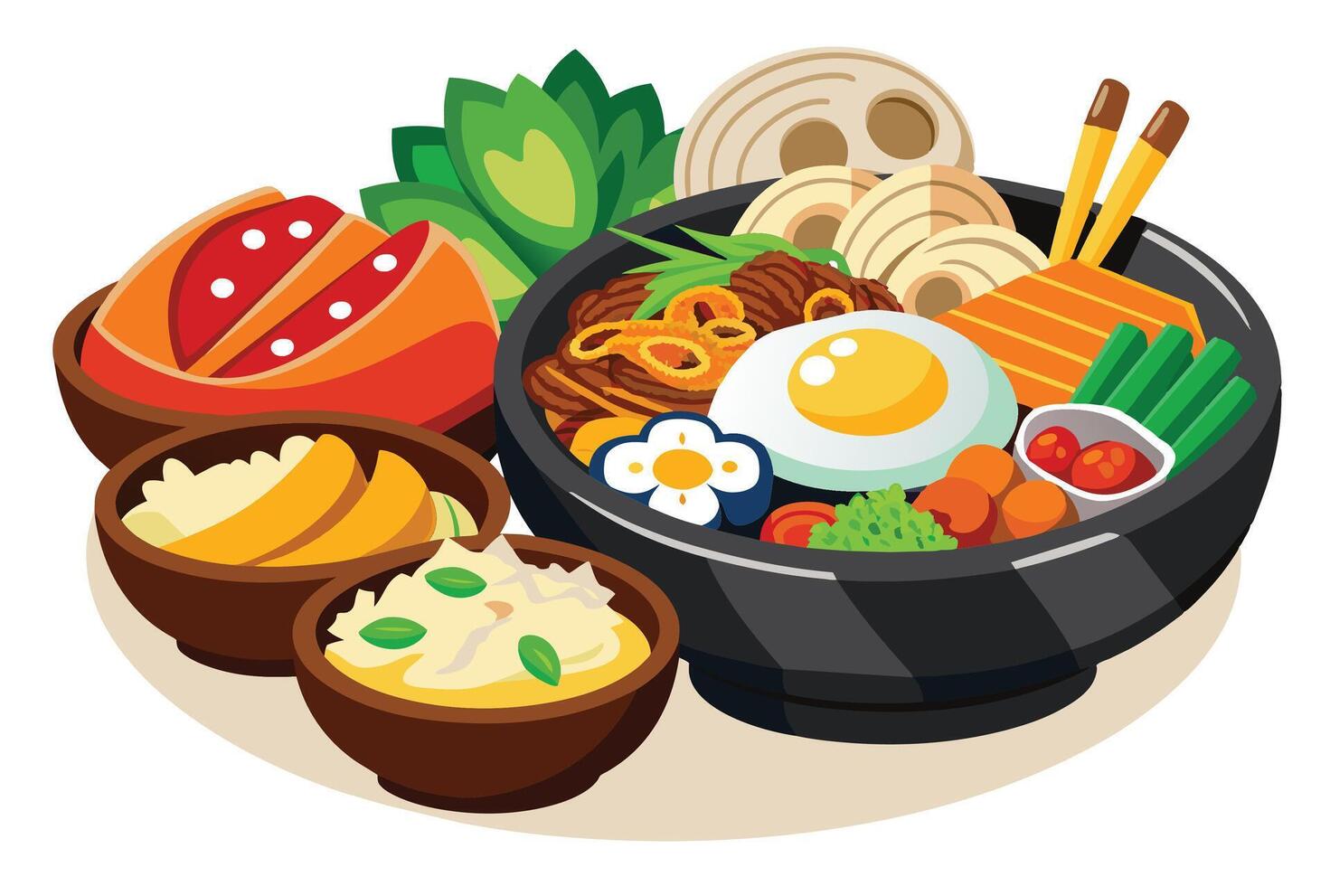 A colorful and delicious Asian meal with fried egg, noodles, vegetables, and other side dishes in a black bowl. vector