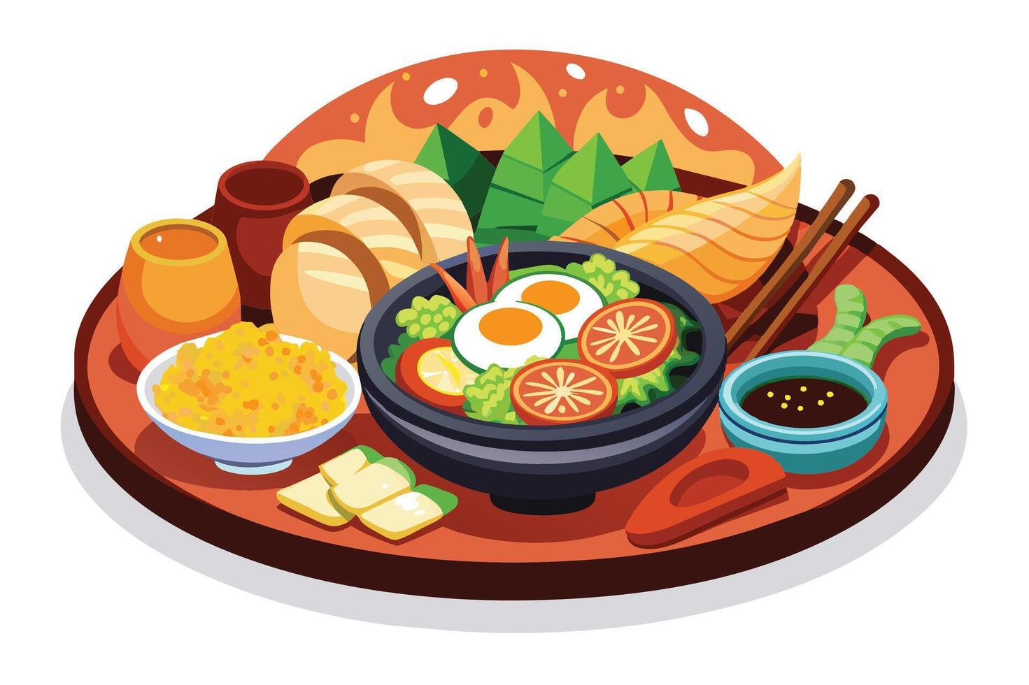 A colorful Asian food platter with a variety of dishes, including salad, rice, eggs, and sauces. vector