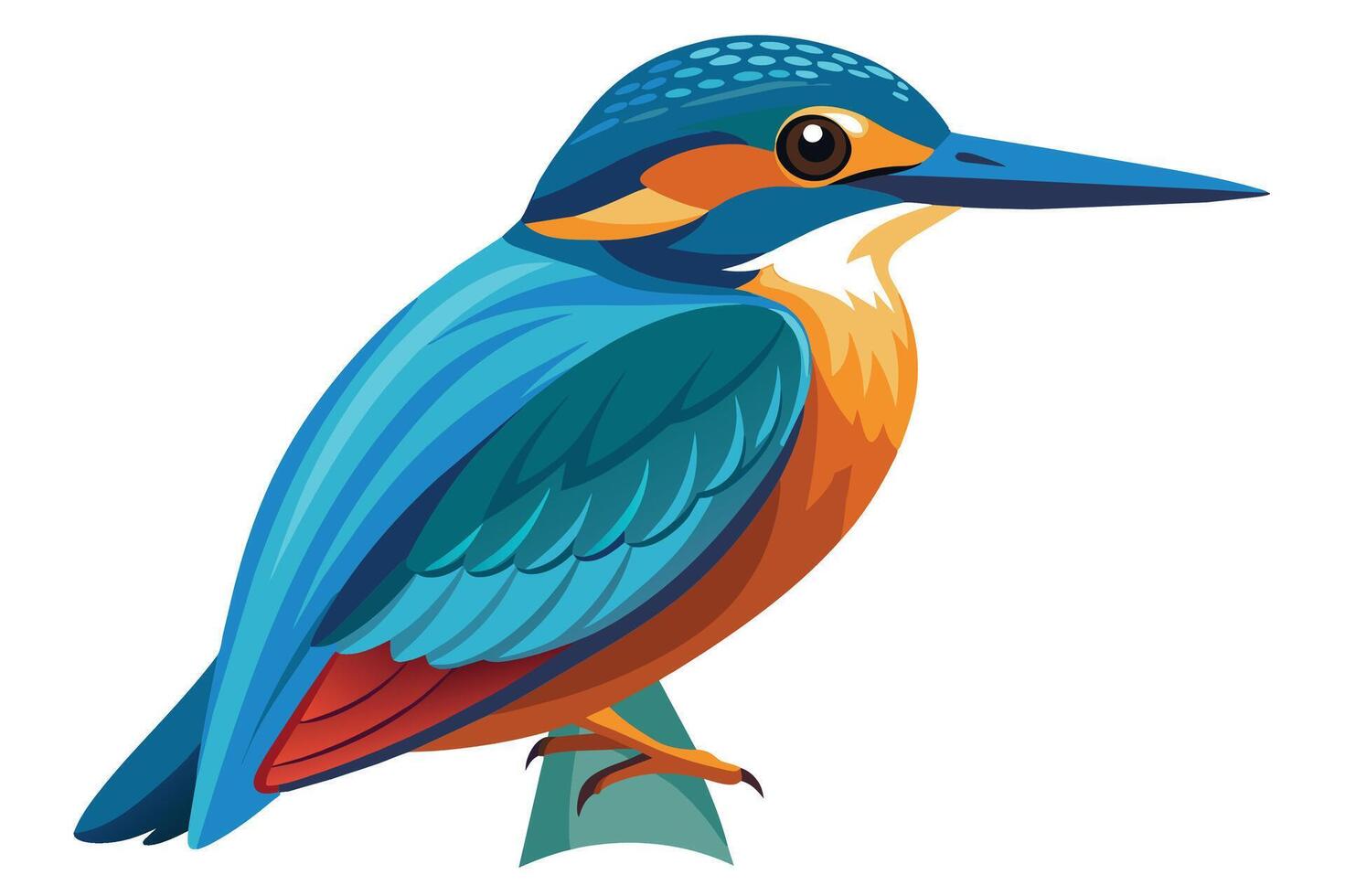 A vibrant illustration of a kingfisher perched on a branch, showcasing its bright blue, orange, and red plumage against a white background. vector