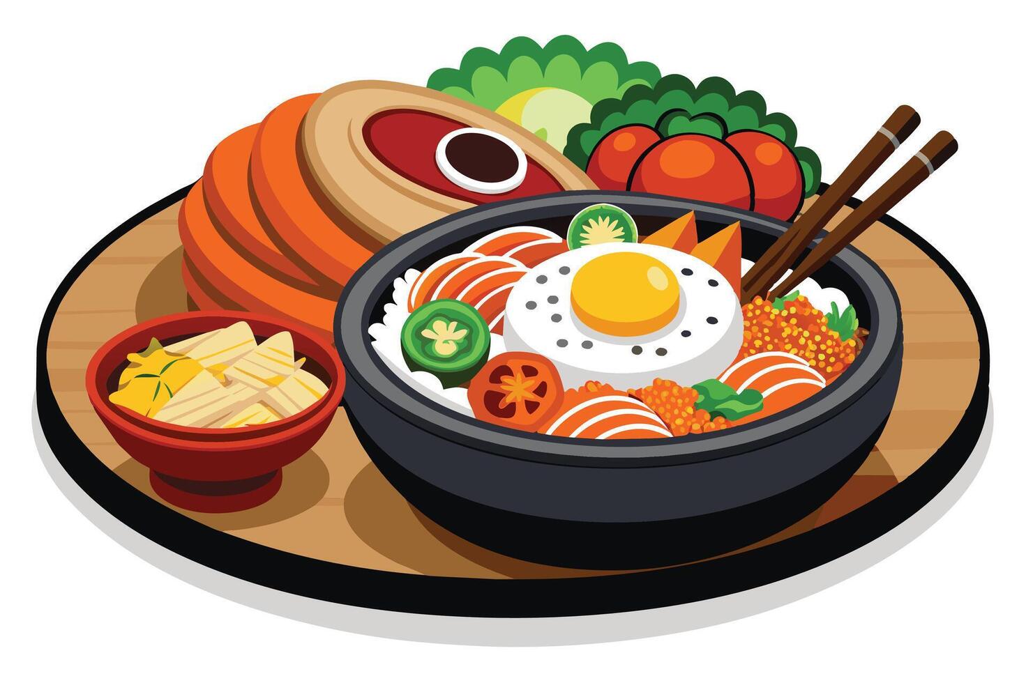 A vibrant illustration of a Korean bibimbap dish. Featuring a bowl of rice topped with fried egg, vegetables, meat, and a side of kimchi. vector