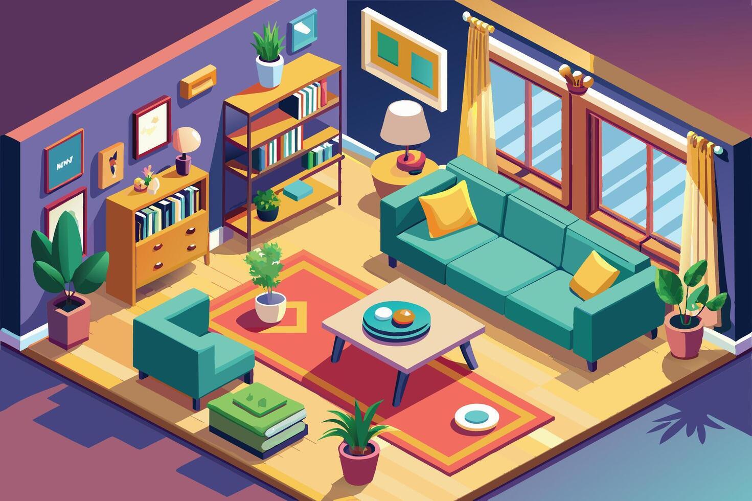 Isometric art of a comfy living room with a green sofa, shelves, coffee table, plants, window, curtains, bookshelf, books, and an armchair. vector