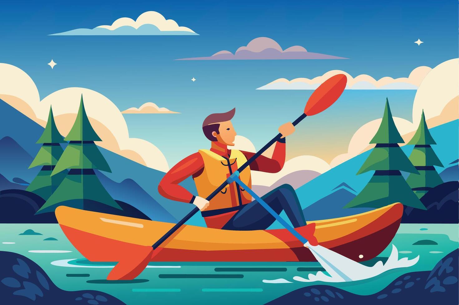 A man paddles his kayak on a lake surrounded by mountains and pine trees. vector