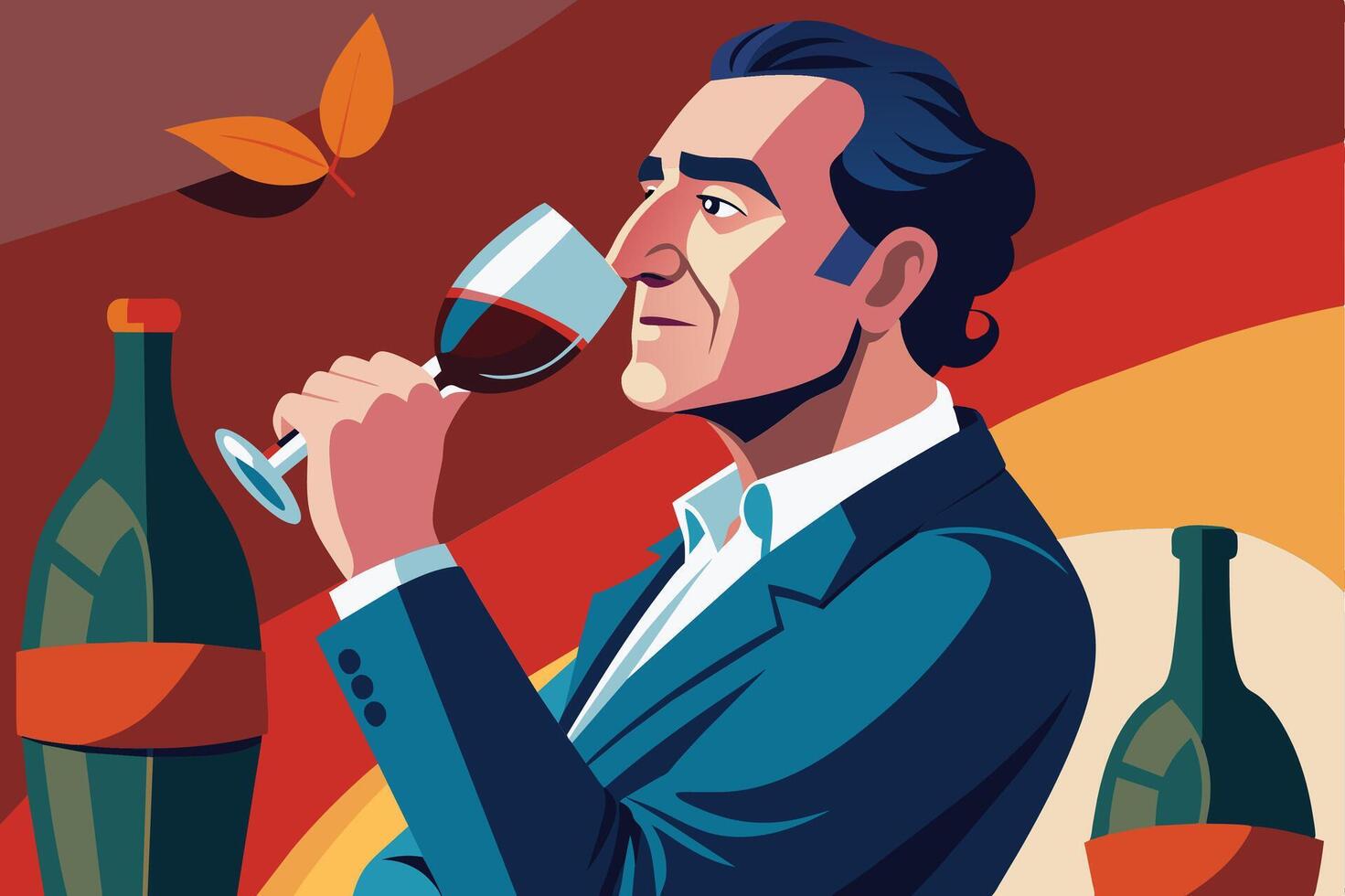 A man in a suit sniffs a glass of red wine, with two wine bottles in the background. vector