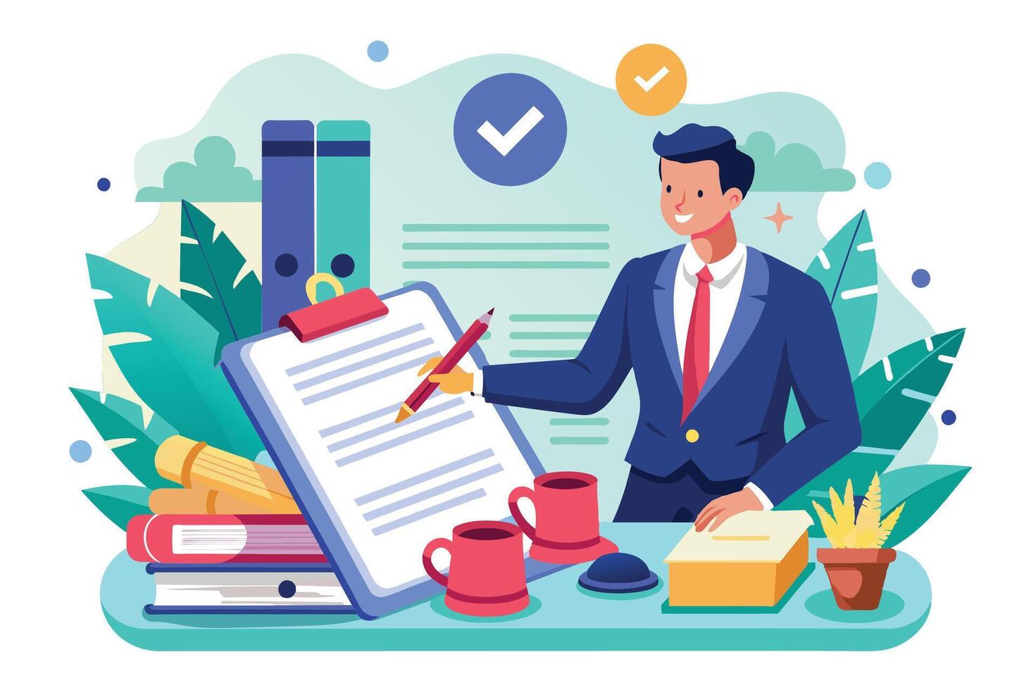 A businessman in a blue suit signs a contract at his desk. Green plants and office supplies are in the background. vector