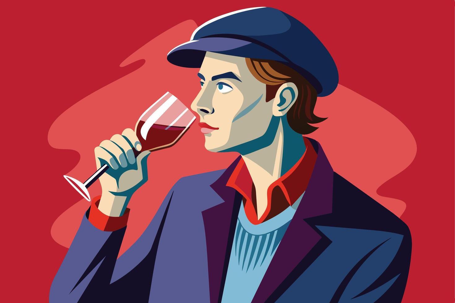 An illustration of a man wearing a blue jacket and cap, tasting a glass of red wine. vector