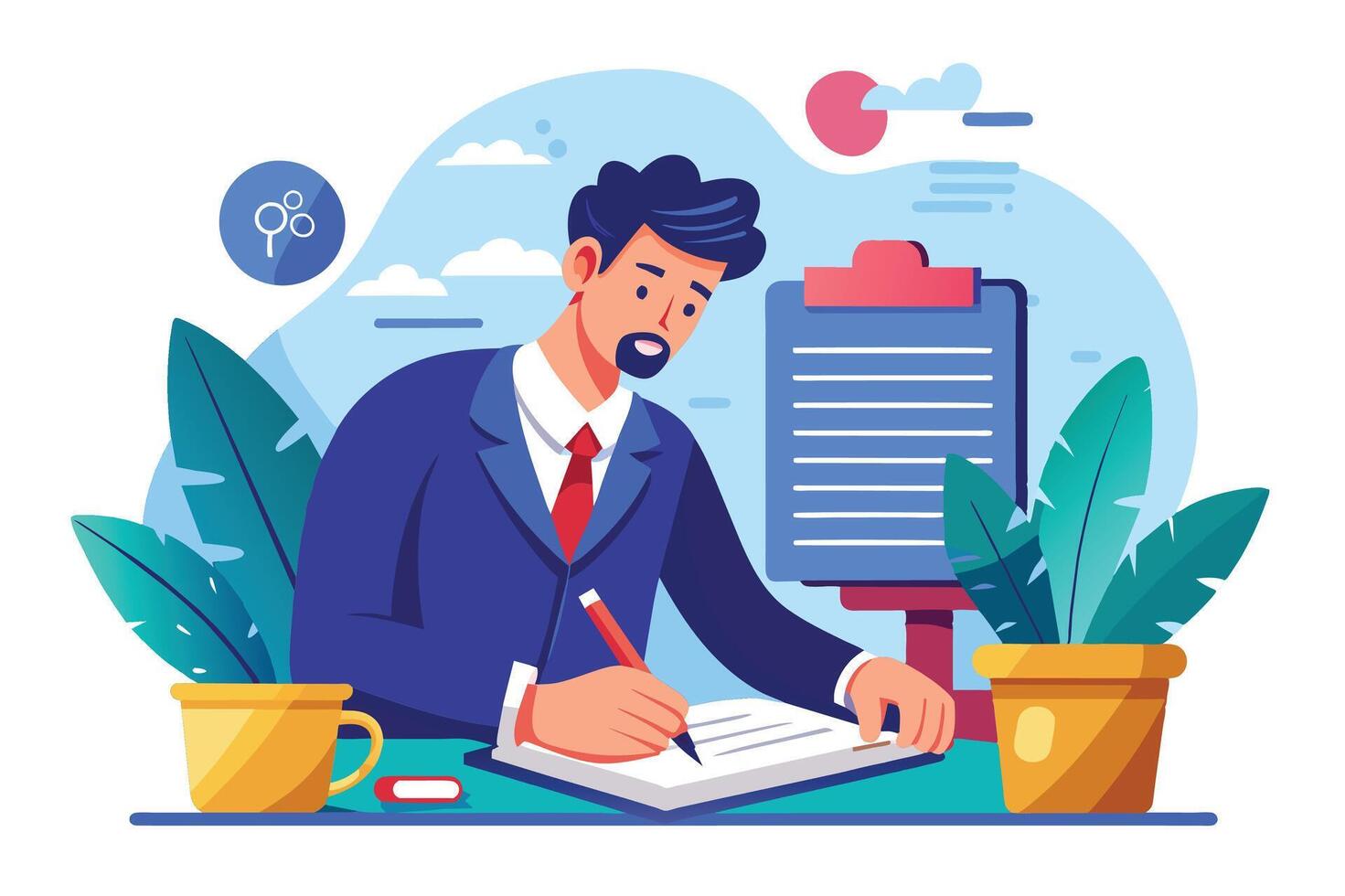 A businessman sits at his desk, writing notes in a notebook with a pencil. There is a clipboard with lines on it behind him, and a potted plant to the right. vector