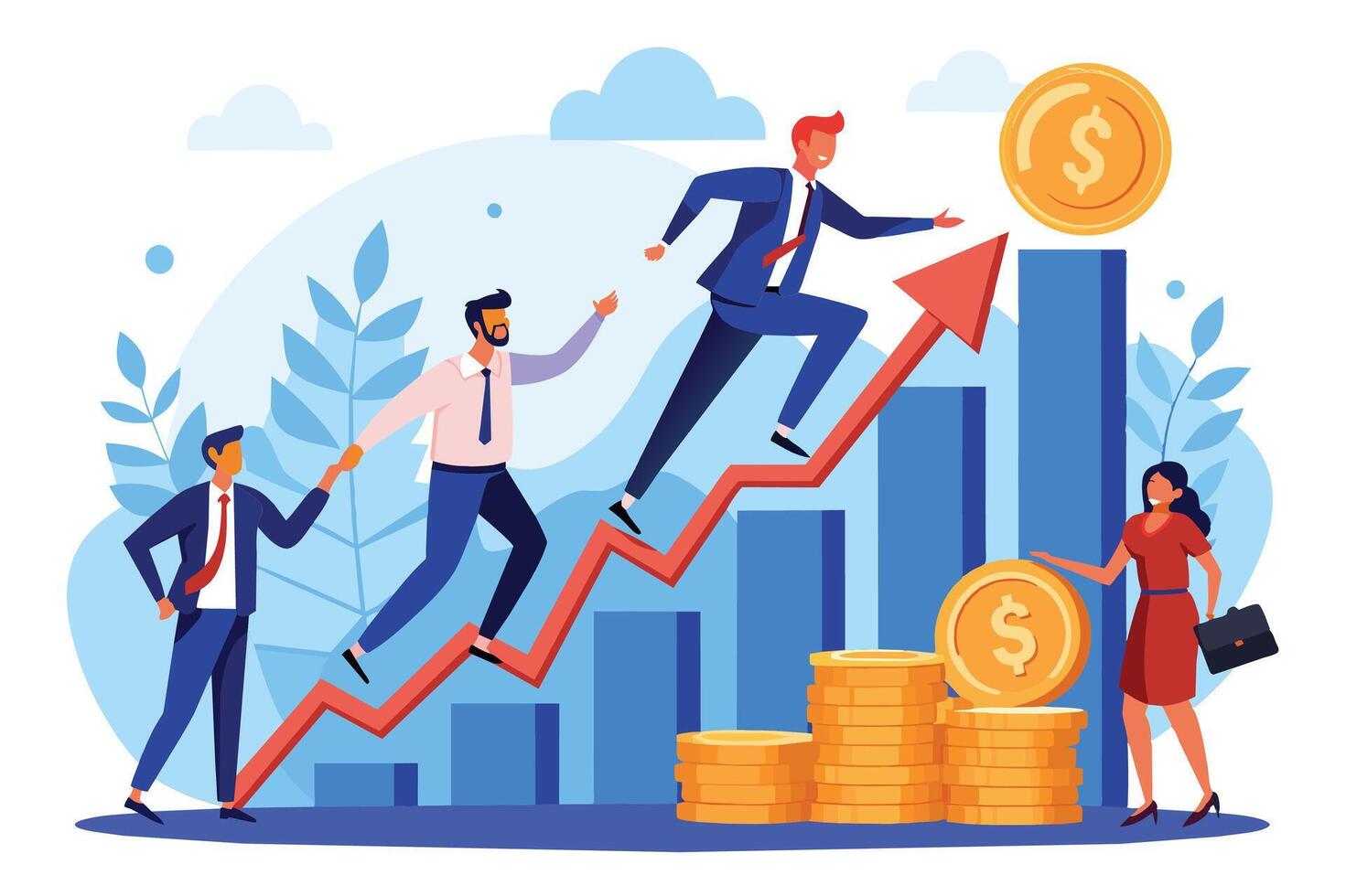 An illustration depicting three businesspeople climbing an upward trend arrow leading to a stack of gold coins, symbolizing financial success. vector