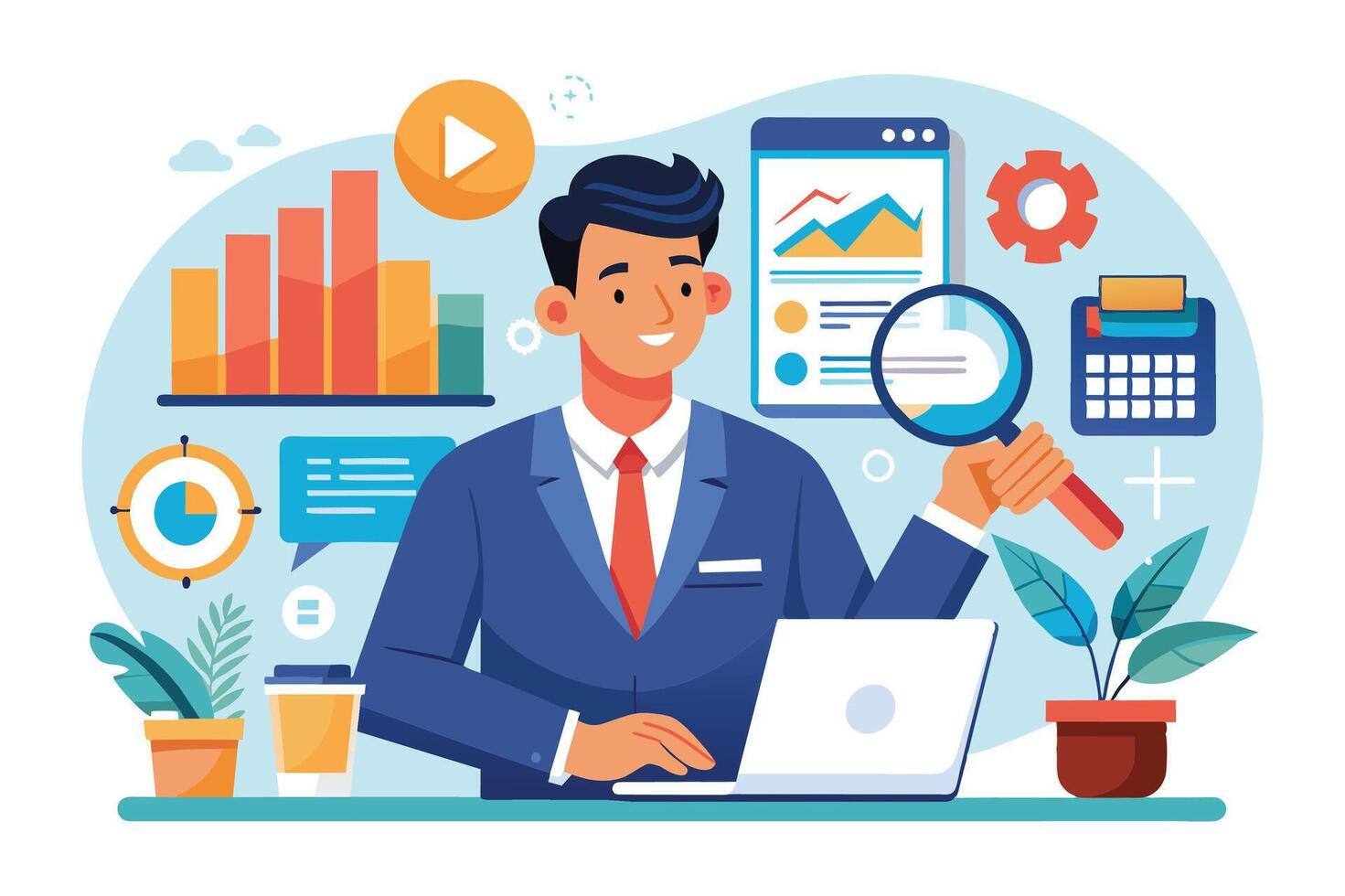 A smiling businessman in a suit sits at a desk, using a laptop and holding a magnifying glass over data charts. vector