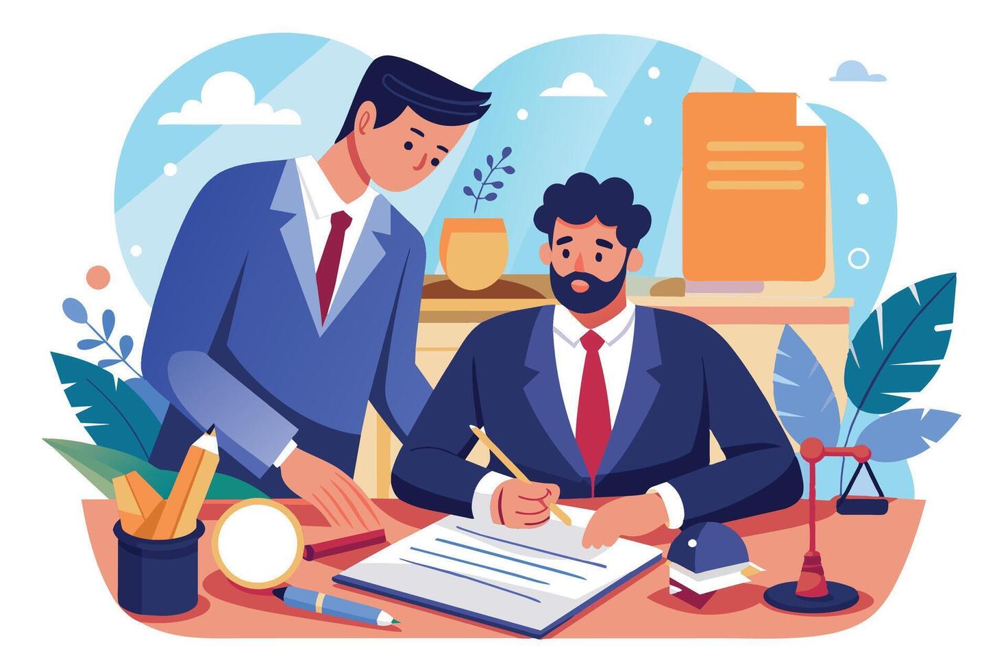 A lawyer with a red tie is reviewing a contract with a client. He is sitting at a desk with a pen in his hand, while the client looks on. vector