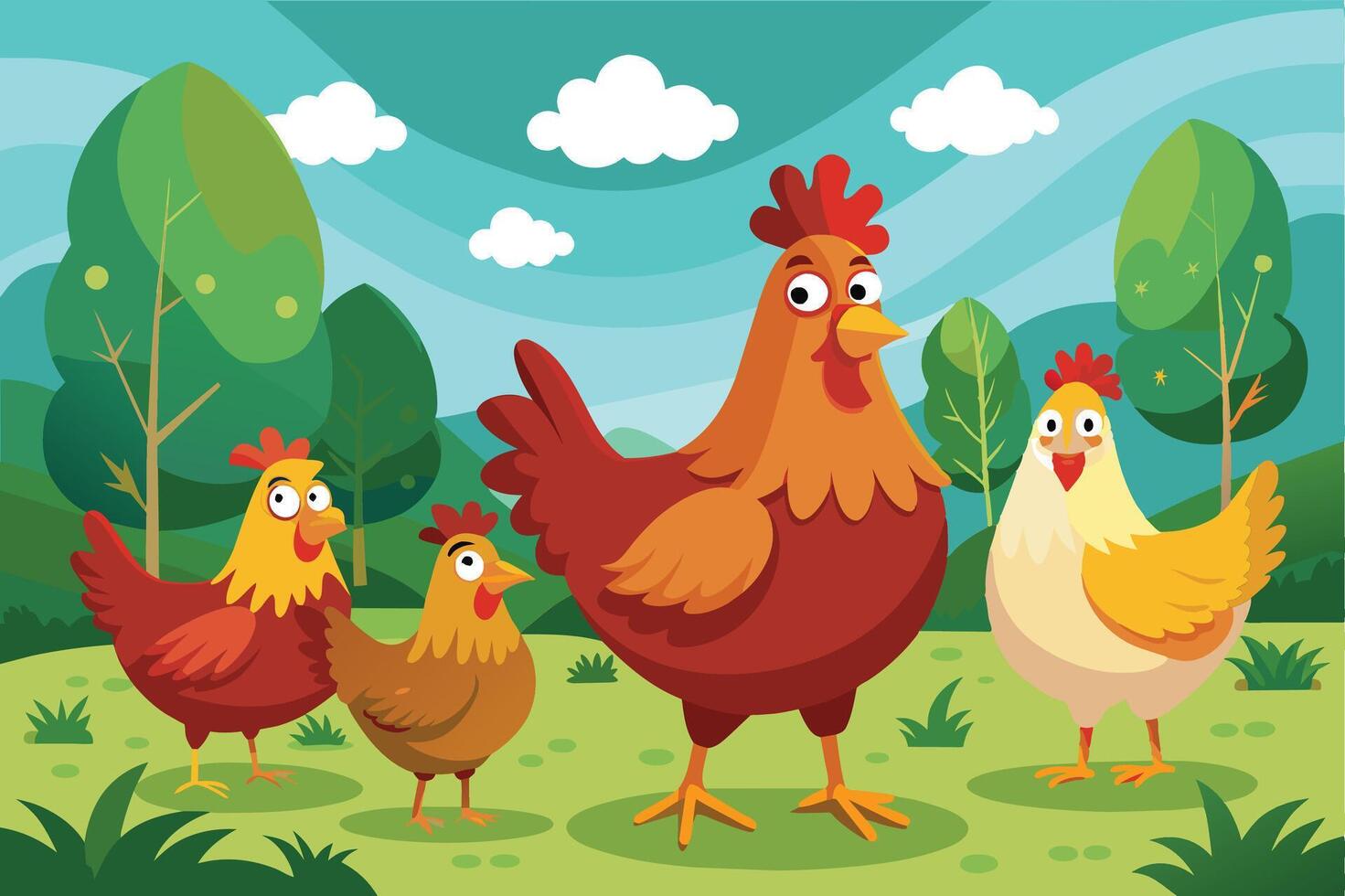A digital illustration of four cartoon chickens standing in a green meadow on a sunny day. vector