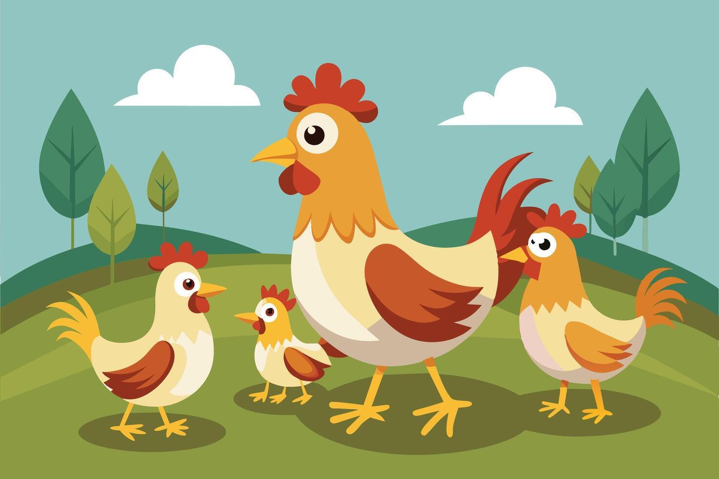 A cartoon illustration of a hen and her chicks in a lush green field with trees and clouds in the background. vector