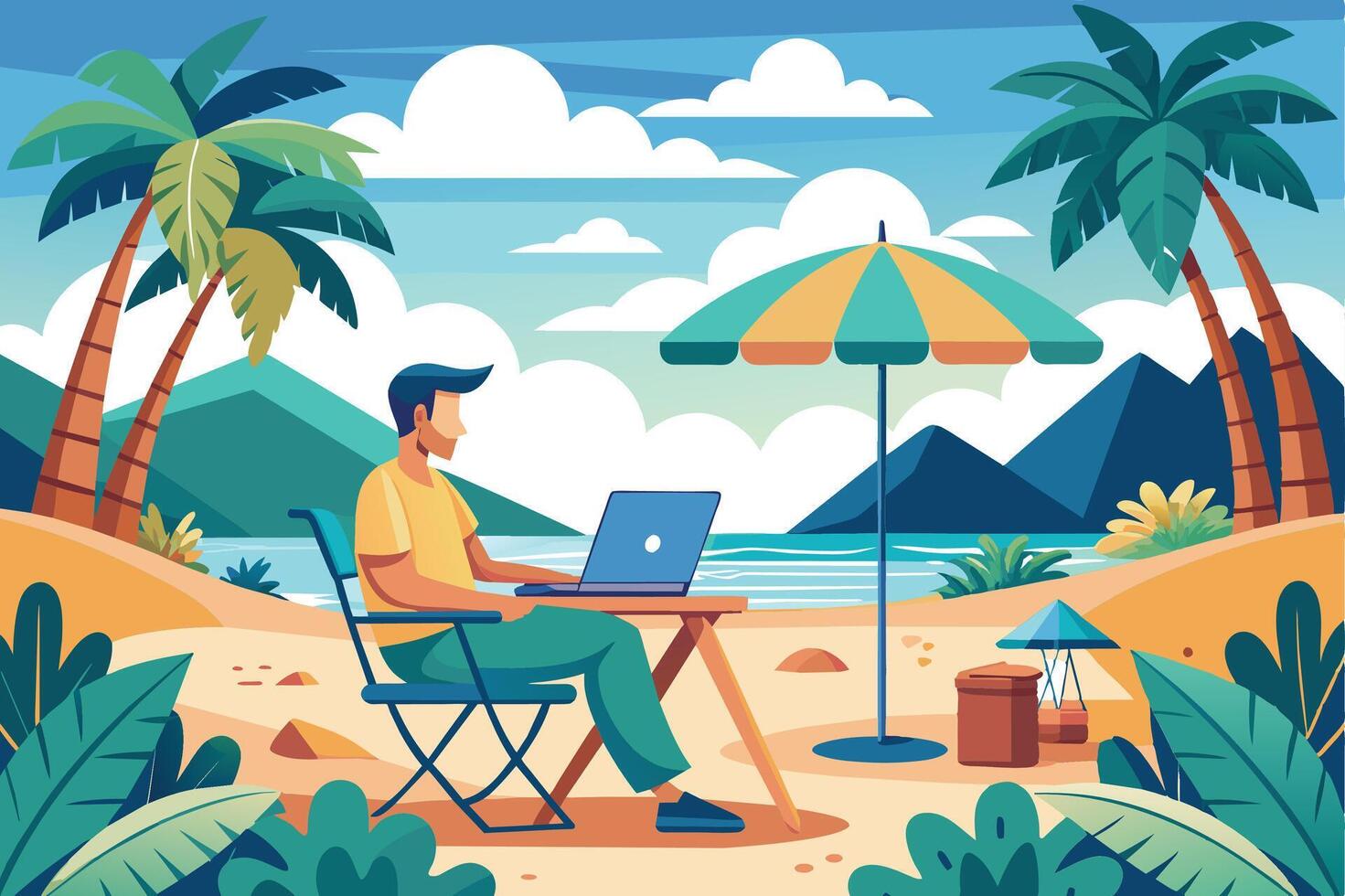A man sits on a beach, working on his laptop, shaded by an umbrella with a palm tree in the background. vector