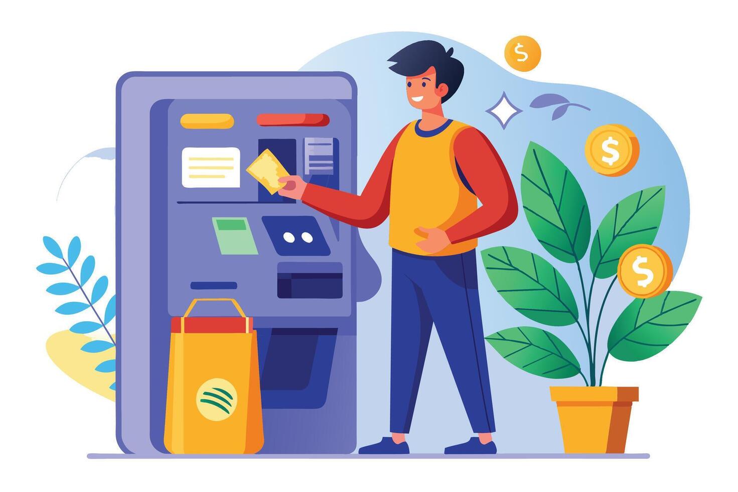 A cartoon illustration of a man using an ATM machine to withdraw cash. He is smiling and holding a card in his hand, and there is a shopping bag next to the machine. vector