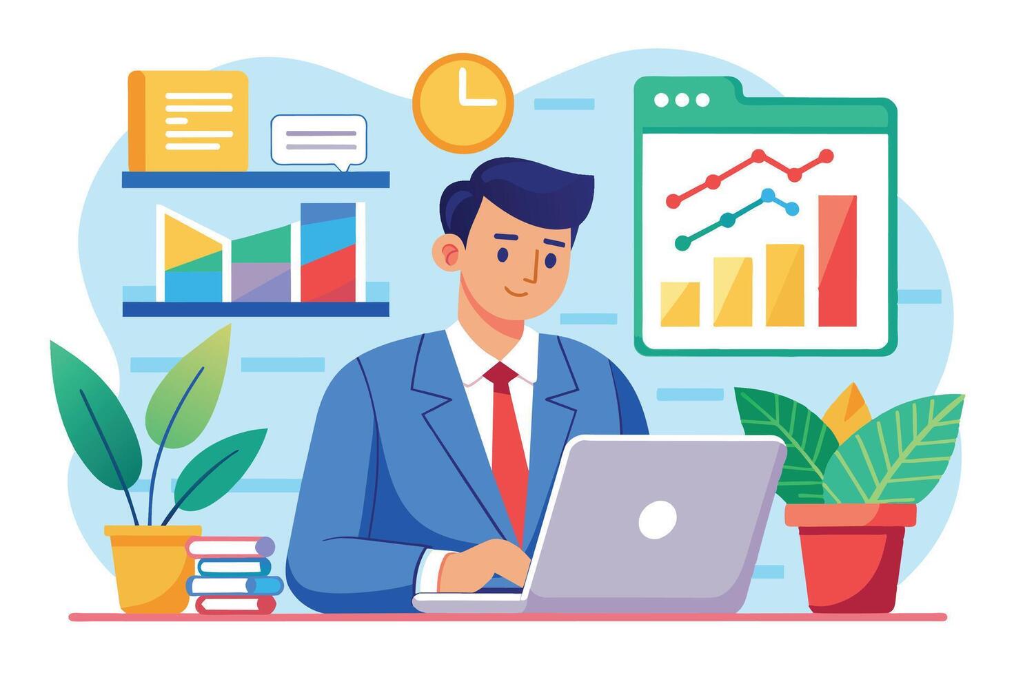 A businessman sits at a desk, working on a laptop. He has a chart displaying data, showing growth trends. The image is a illustration of a modern office setting. vector