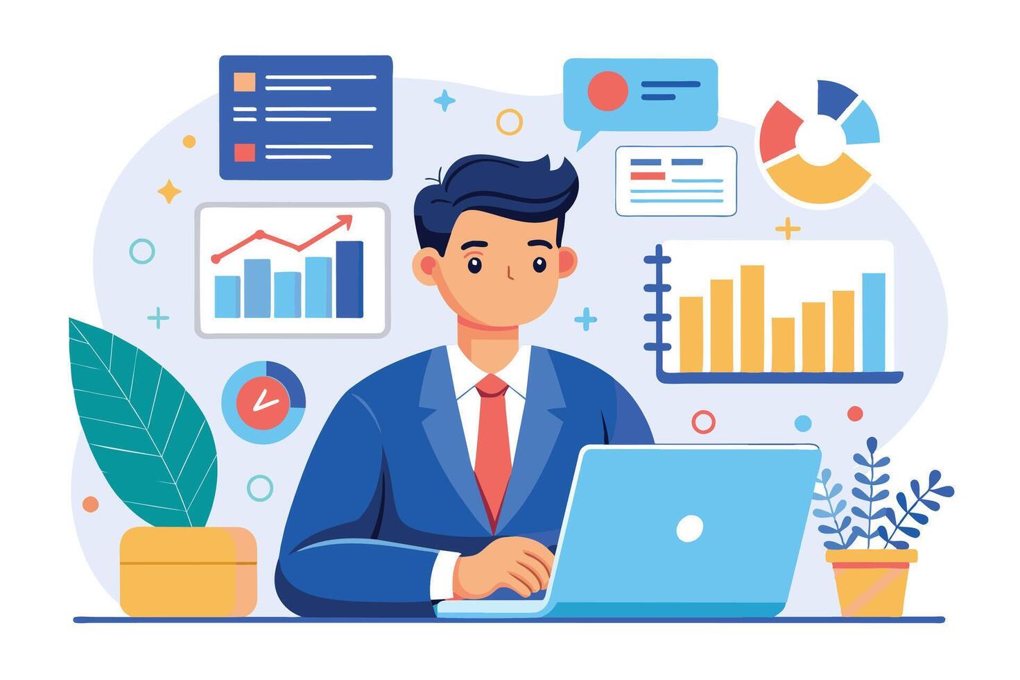 A businessman sits at a desk, looking at a laptop screen. Around him are charts and graphs, representing his business data. vector