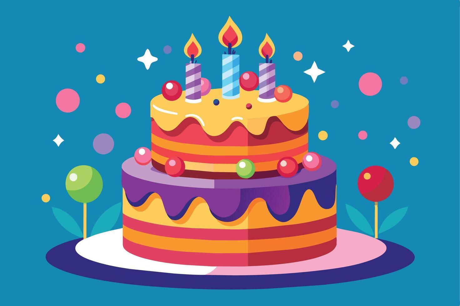 A festive birthday cake with three candles, sprinkles, cherries, and purple frosting on a blue background with confetti. vector