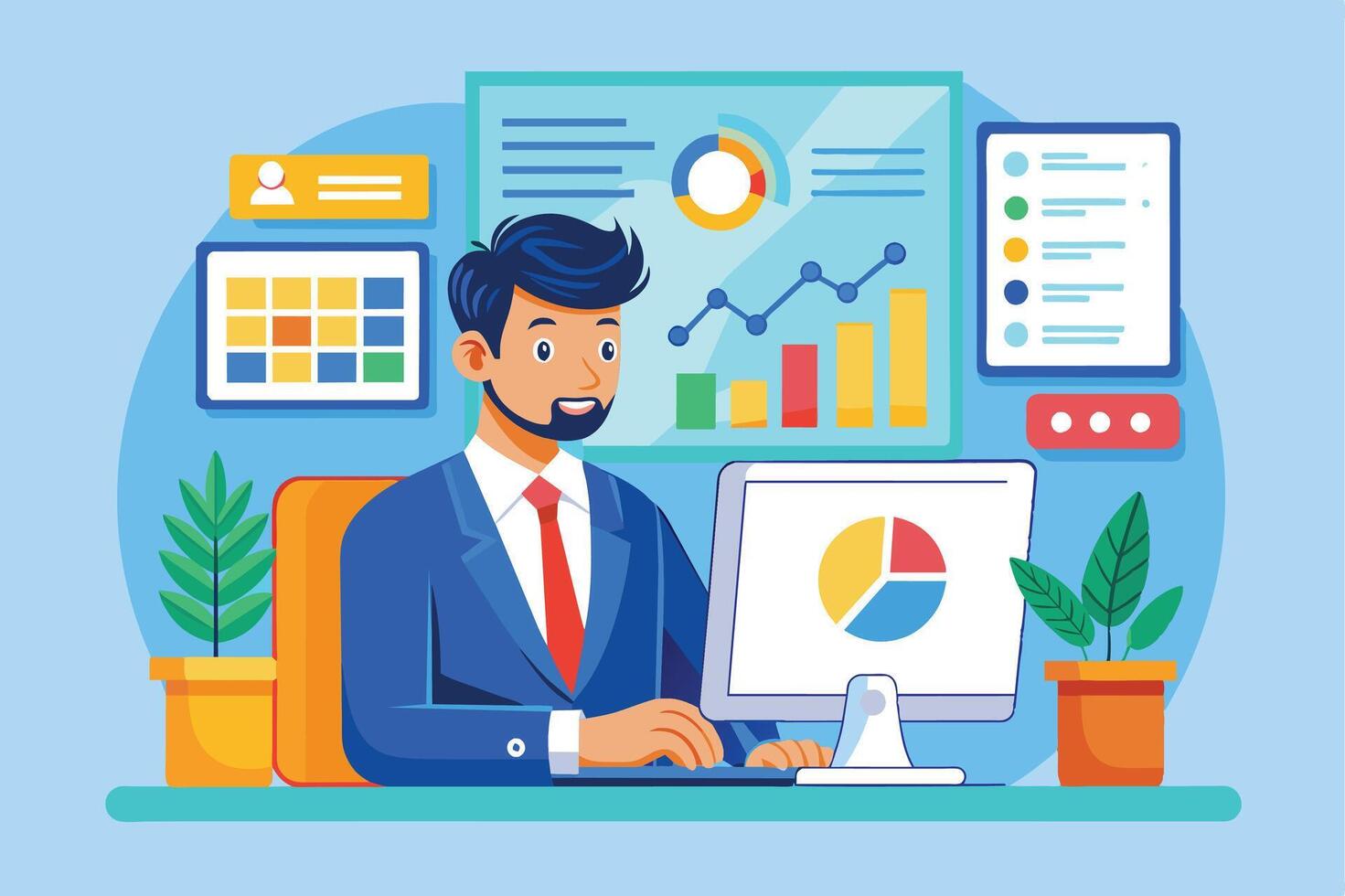 A businessman sits at his desk in front of a computer, analyzing data presented in charts and graphs. He has a serious expression and appears to be focused on his work. vector
