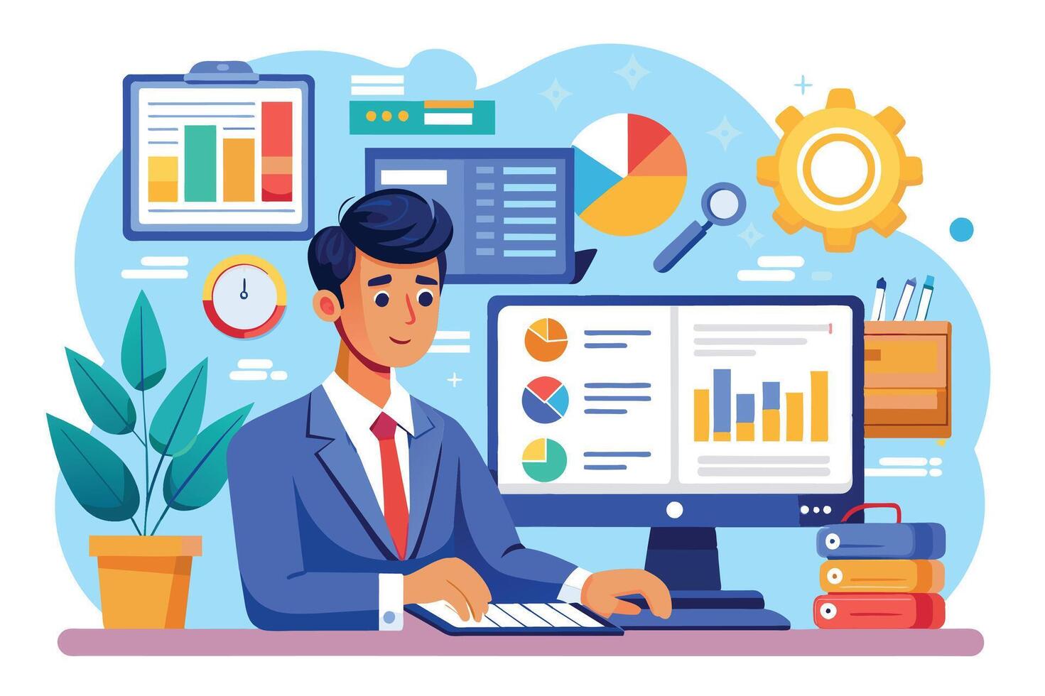 An illustration depicting a businessman analyzing data on his computer, surrounded by various charts, graphs, and other business-related items. vector