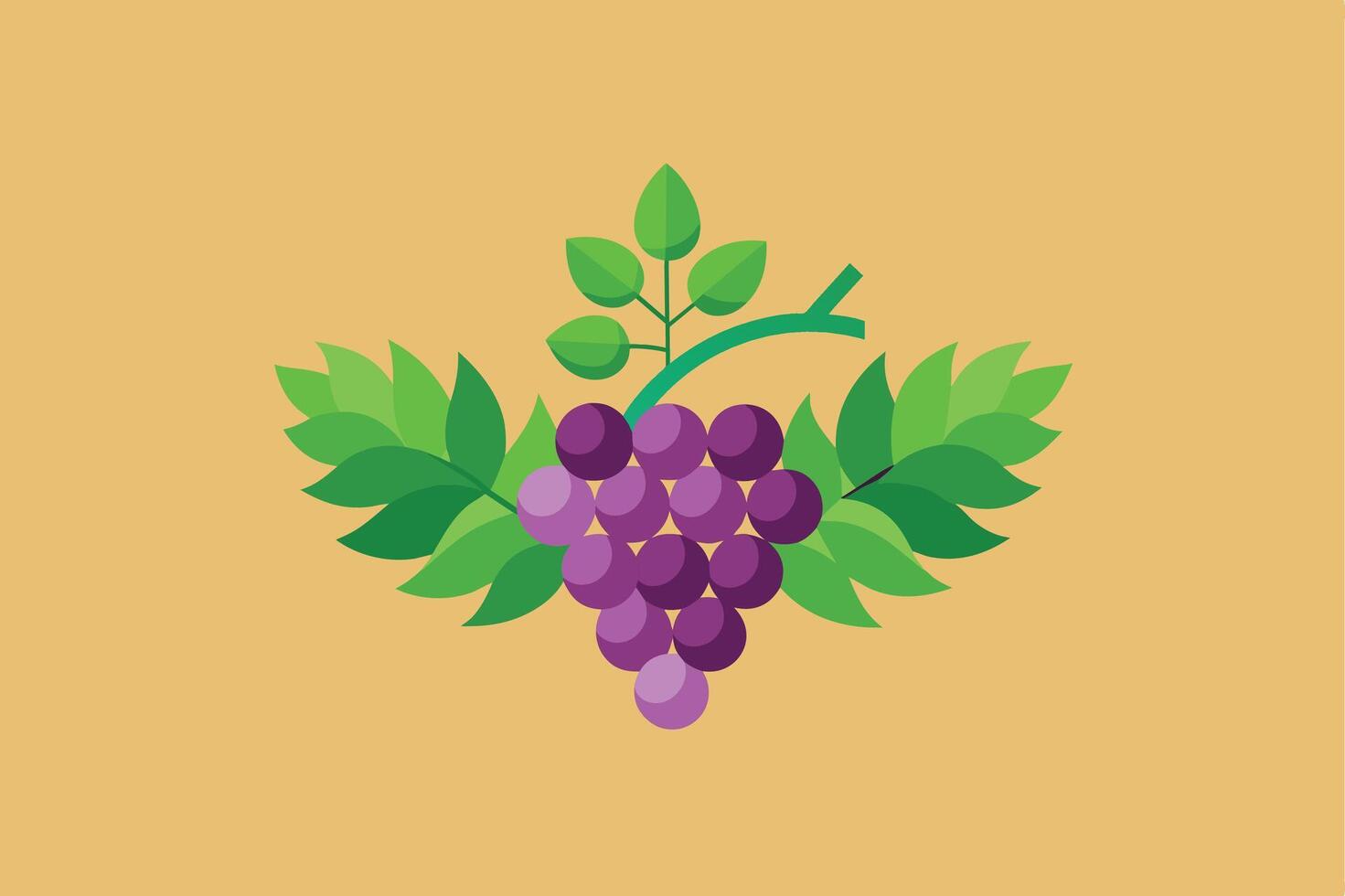 Illustration of a bunch of purple grapes with green vine and leaves on a yellow background. vector