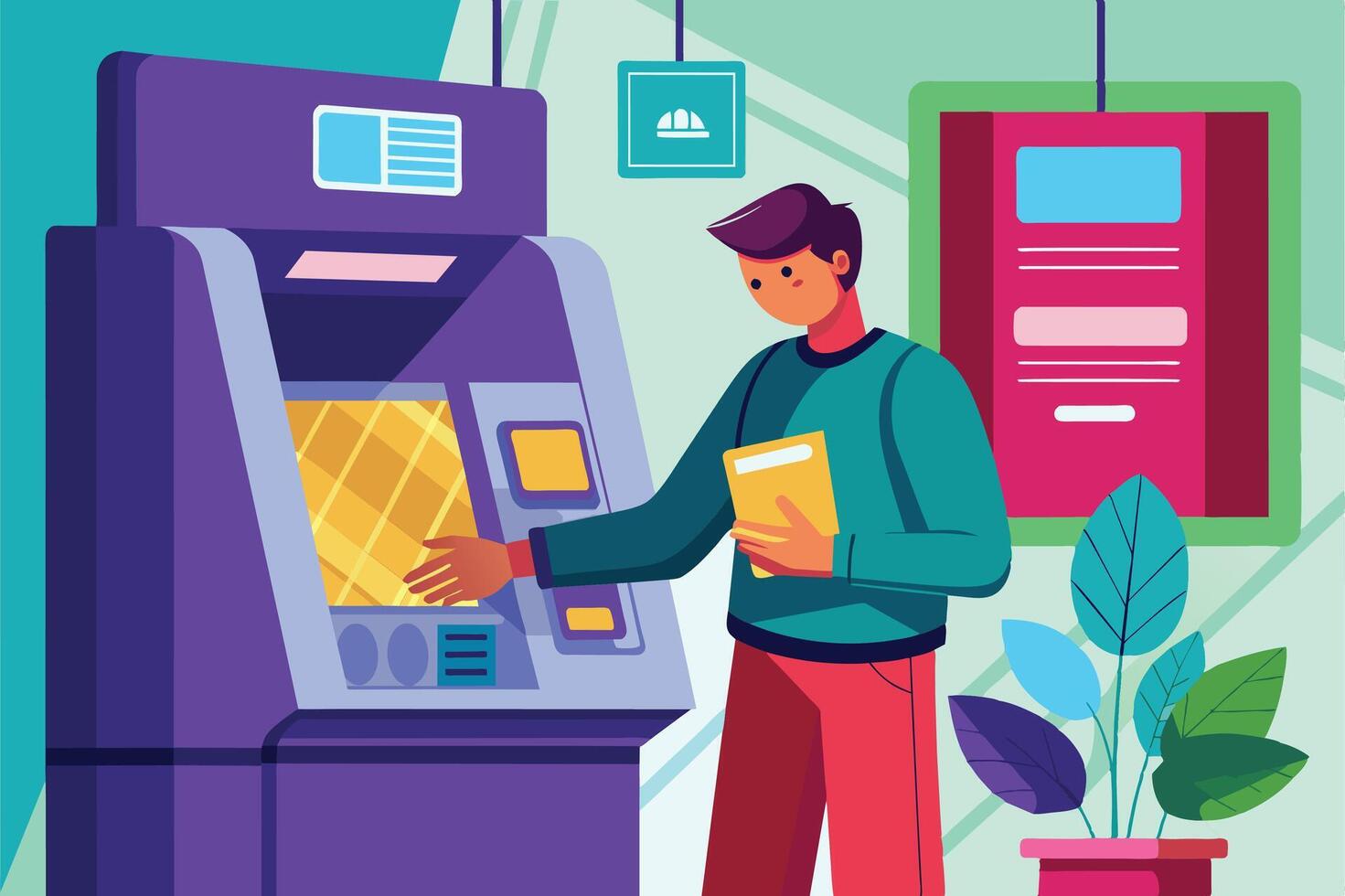 A man stands in front of an ATM, ready to withdraw cash. He is holding a card in his hand and is looking at the screen. vector
