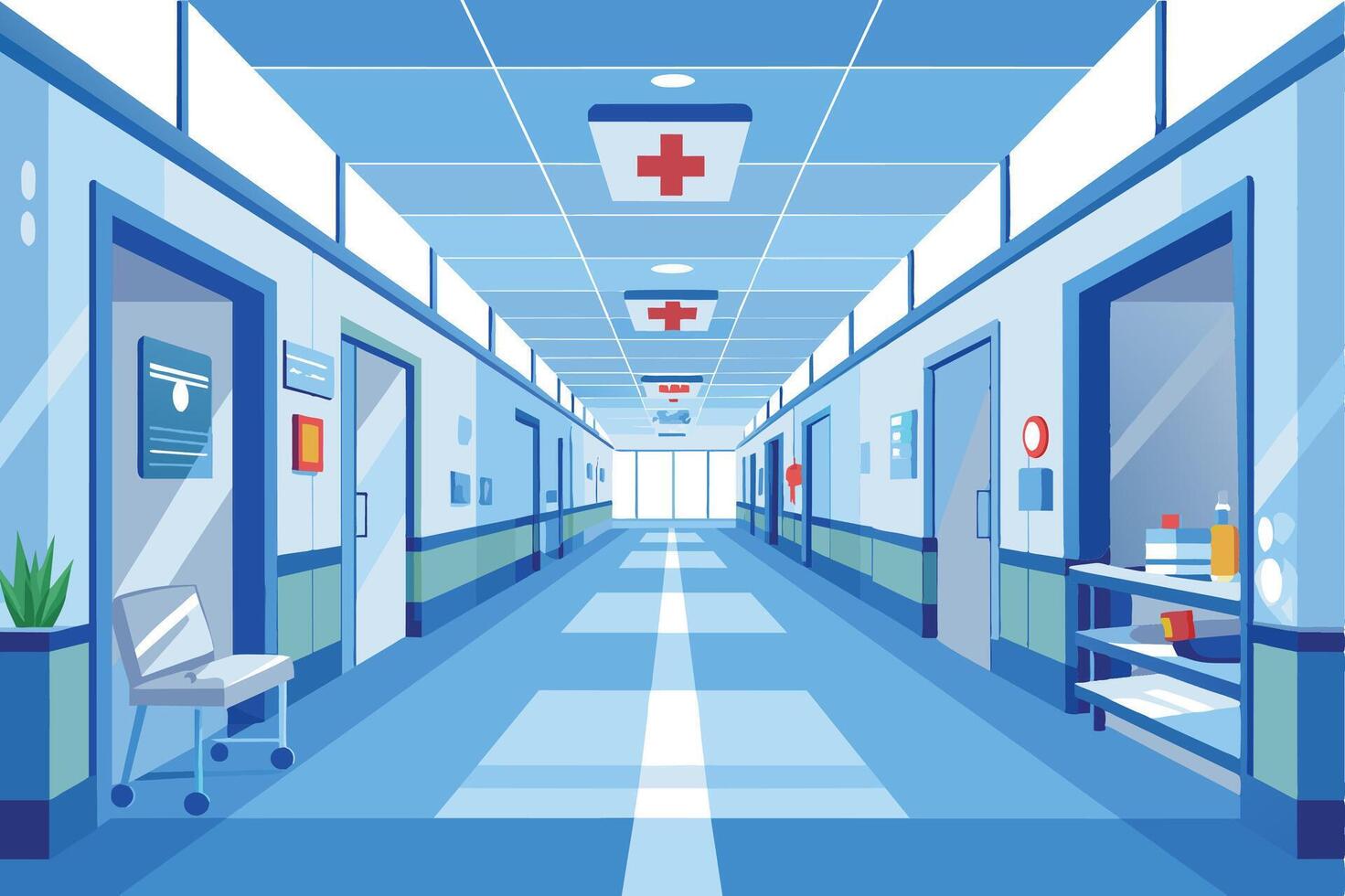 A long, empty hospital corridor with blue walls, tiled floors, and several closed doors. There are red cross signs on the ceiling lights. vector