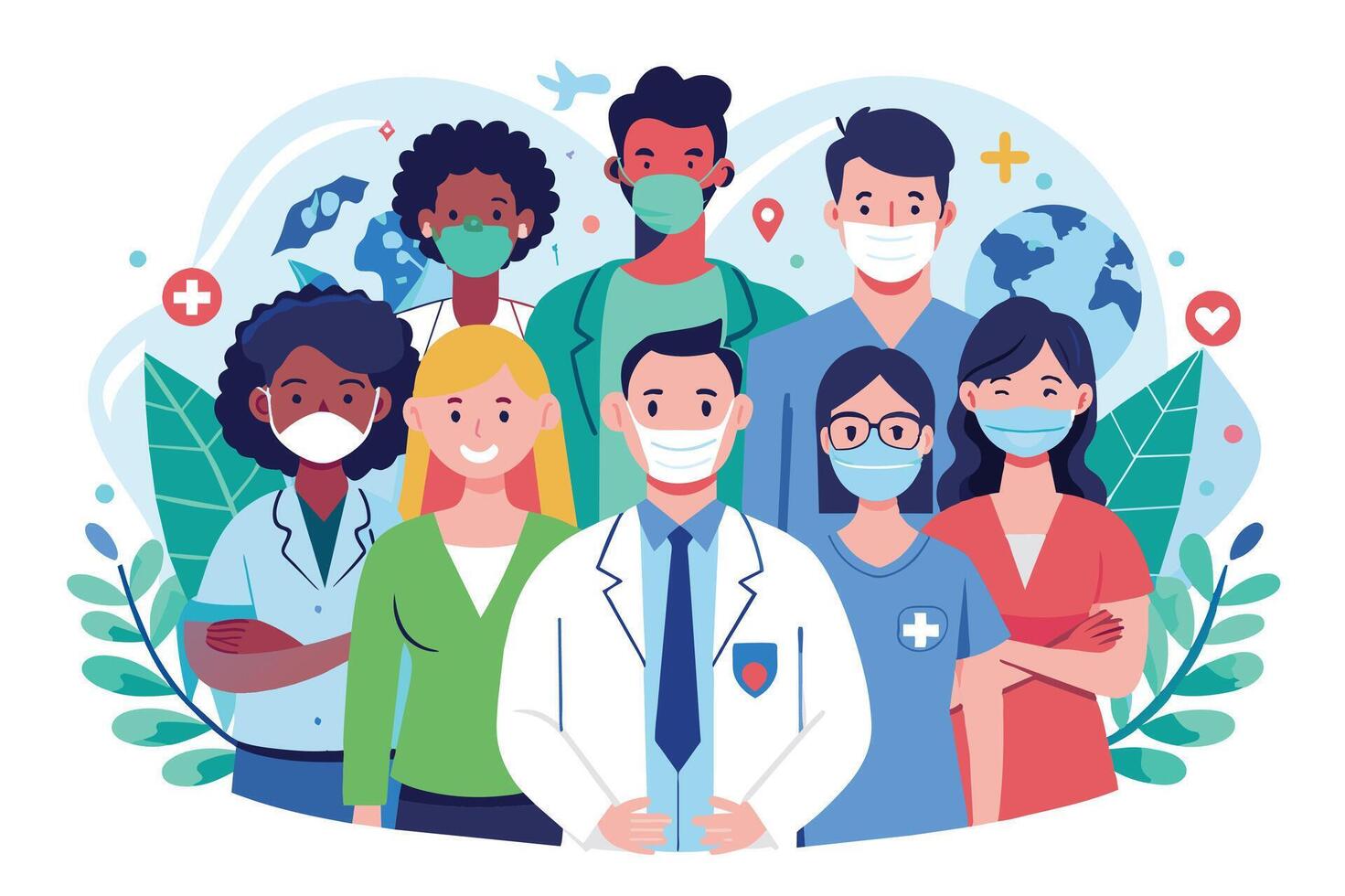 An illustration of a diverse group of healthcare workers wearing face masks. The image represents the importance of healthcare workers during a pandemic. vector