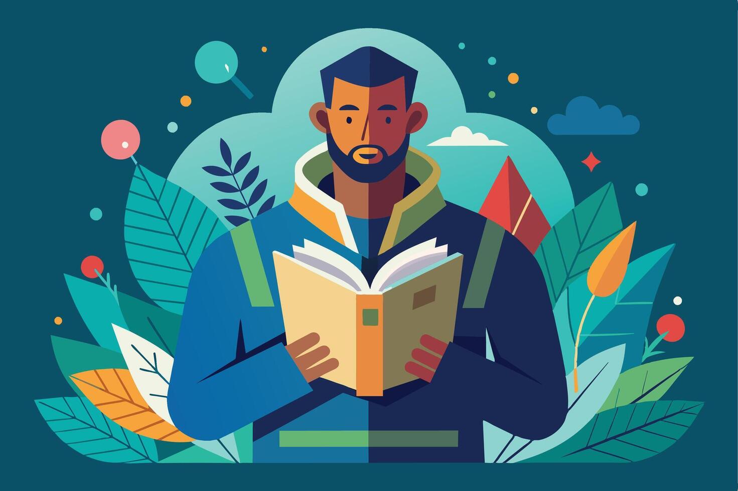 A man with a beard reads a book in a colorful illustration with nature elements, such as leaves and flowers. vector