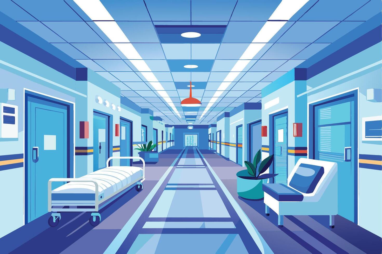 This illustration depicts a long hospital hallway with rows of doors on each side. In the foreground, a medical bed and a patient chair can be seen. vector