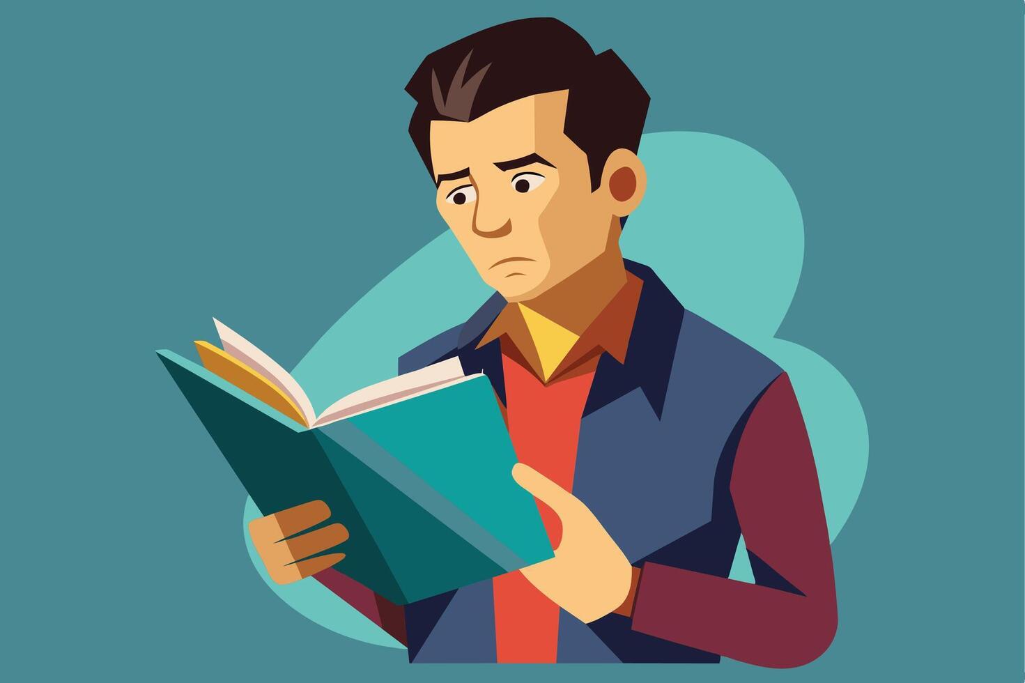An illustration of a man, wearing a blue jacket, red shirt, and brown hair, reading a book with a concerned expression. vector