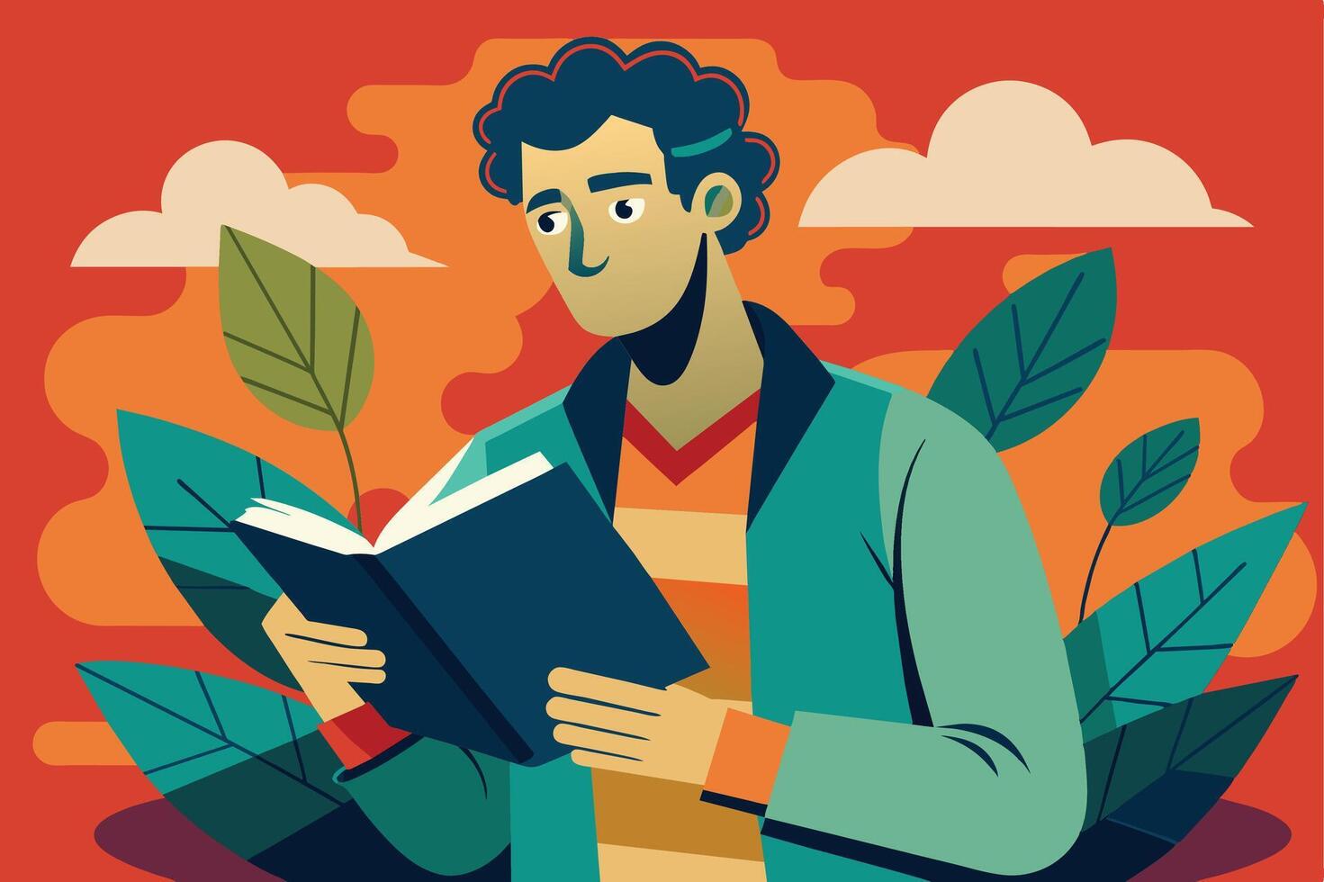 An illustration depicting a man with curly hair, wearing a green jacket, reading a blue book in a natural setting with green leaves and an orange sky. vector