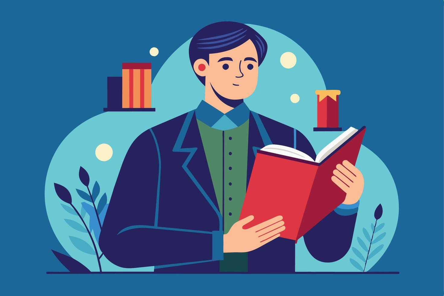 An illustration of a man wearing a blue blazer and green shirt, reading a book with a red cover. He is in a room with a blue background and green plants. vector