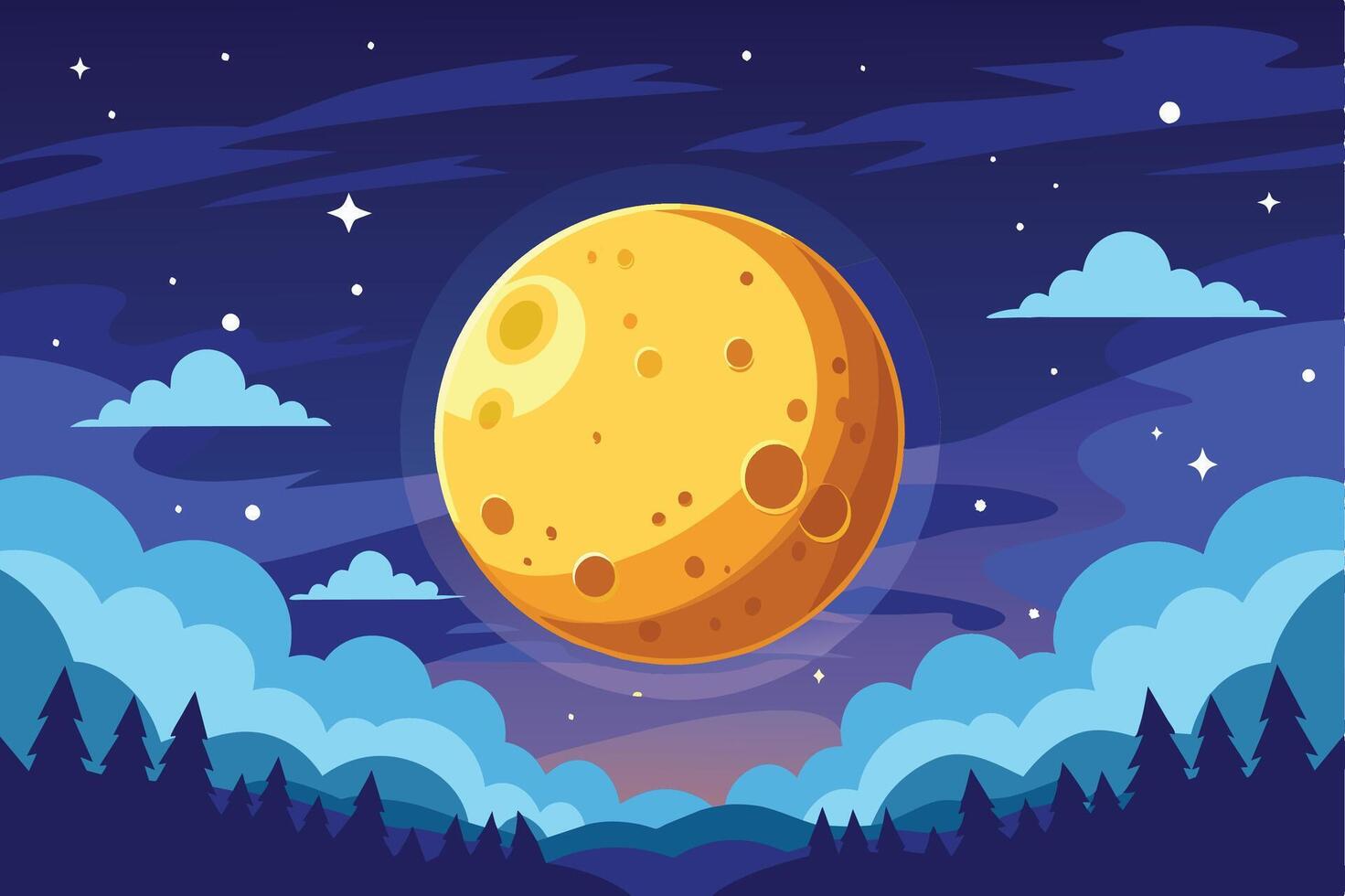 A cartoon illustration of a full moon shining brightly in a dark night sky. Clouds float in the sky, and a silhouette of a forest appears in the foreground. vector