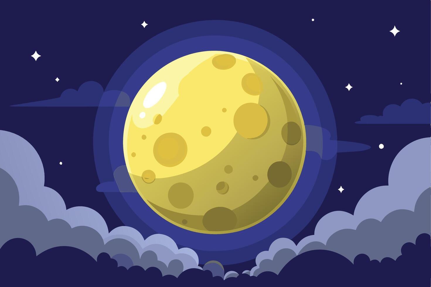 A large, full moon shines brightly in a dark blue night sky, with clouds in the foreground and a few twinkling stars scattered across the expanse. vector