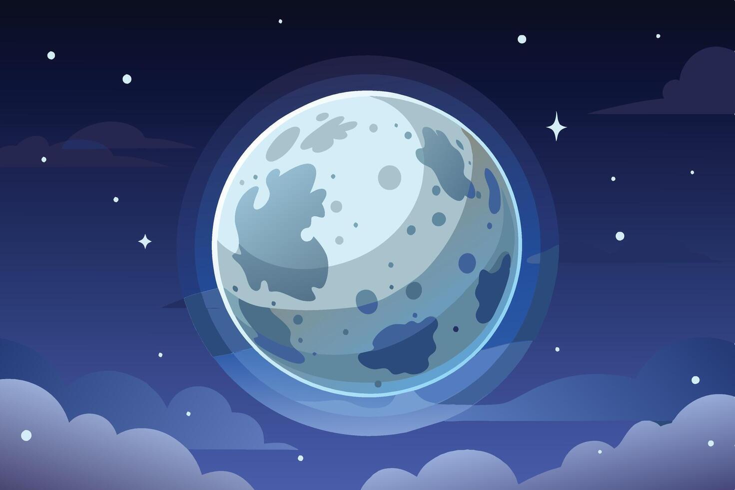 A digital illustration of a full moon with clouds and stars in the night sky. vector