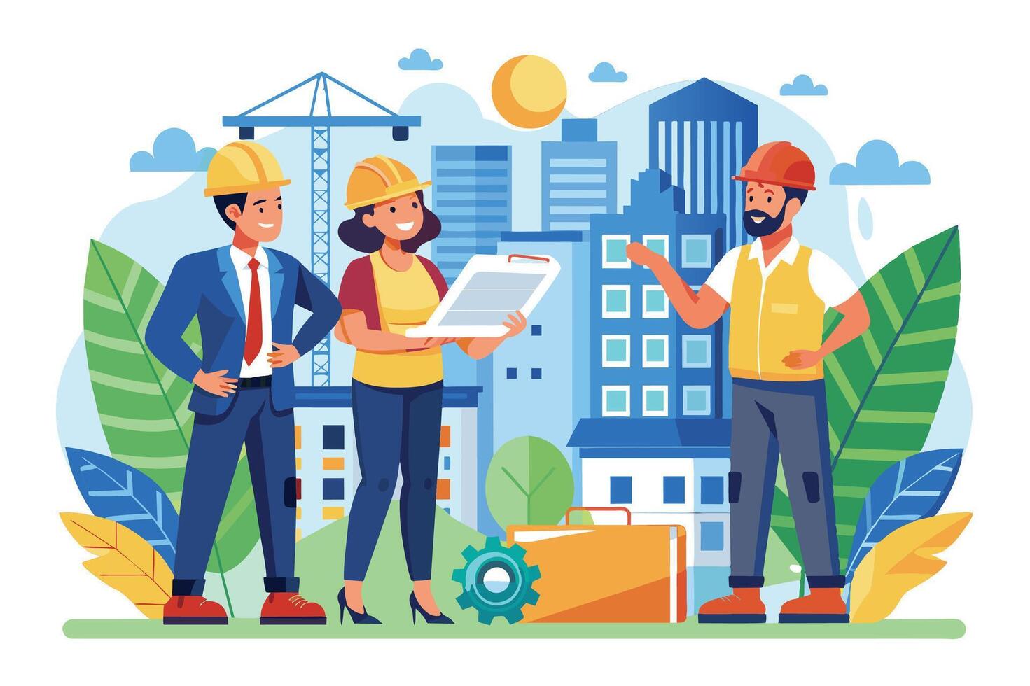 Illustration of three construction workers, one in a suit and two in hardhats, standing in front of a city skyline, discussing blueprints. vector