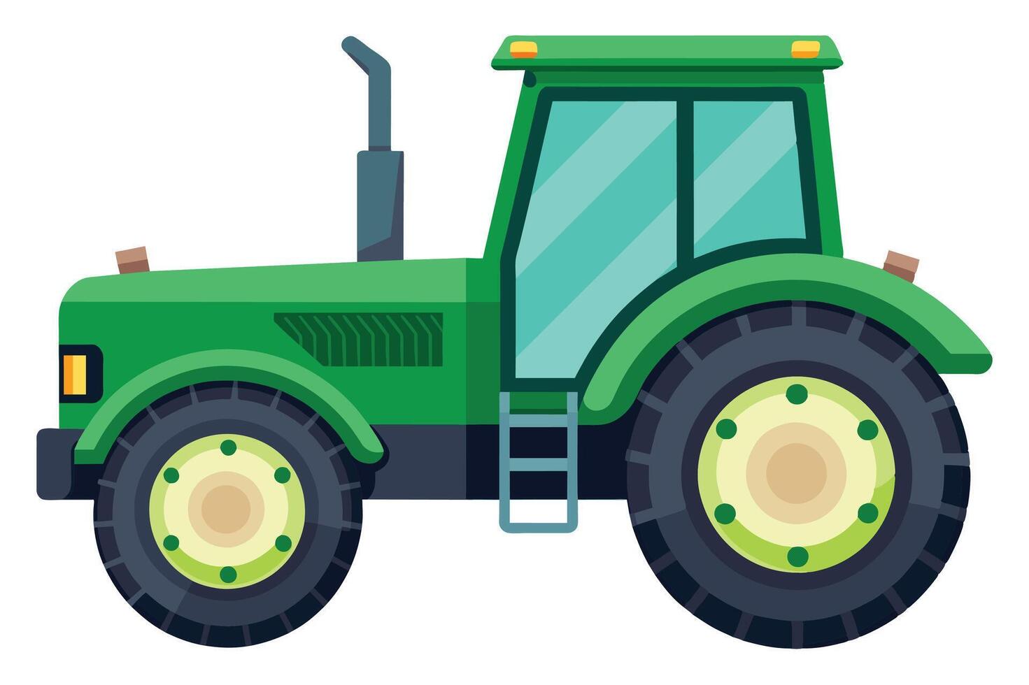A cartoon illustration of a green tractor with large, detailed wheels, a ladder on the side, and a visible exhaust pipe. vector