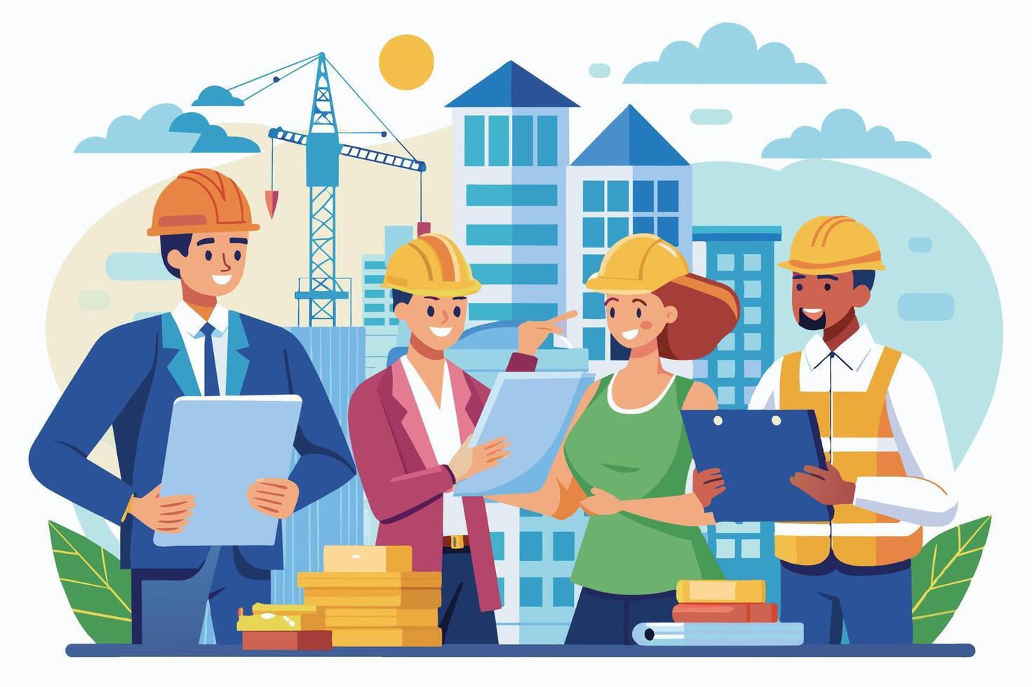 A group of four construction workers, diverse in gender and race, are smiling as they review plans and discuss a new project in front of newly built skyscrapers. vector