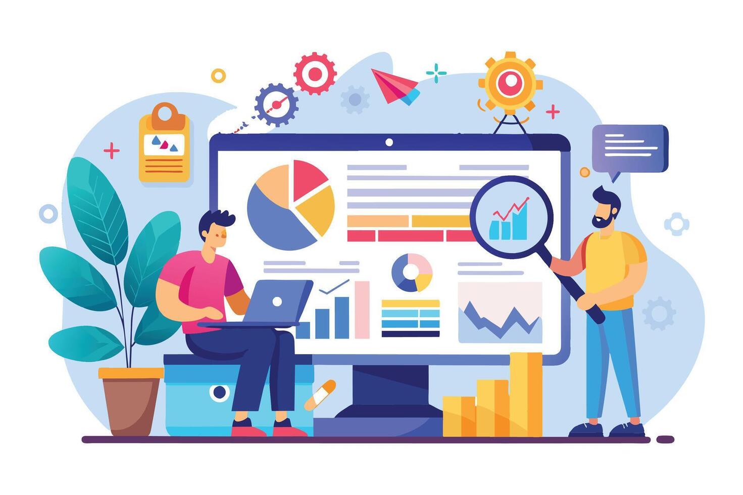 Two people collaborate, analyzing data and charts on a big screen. One uses a laptop, the other inspects details with a magnifying glass. vector