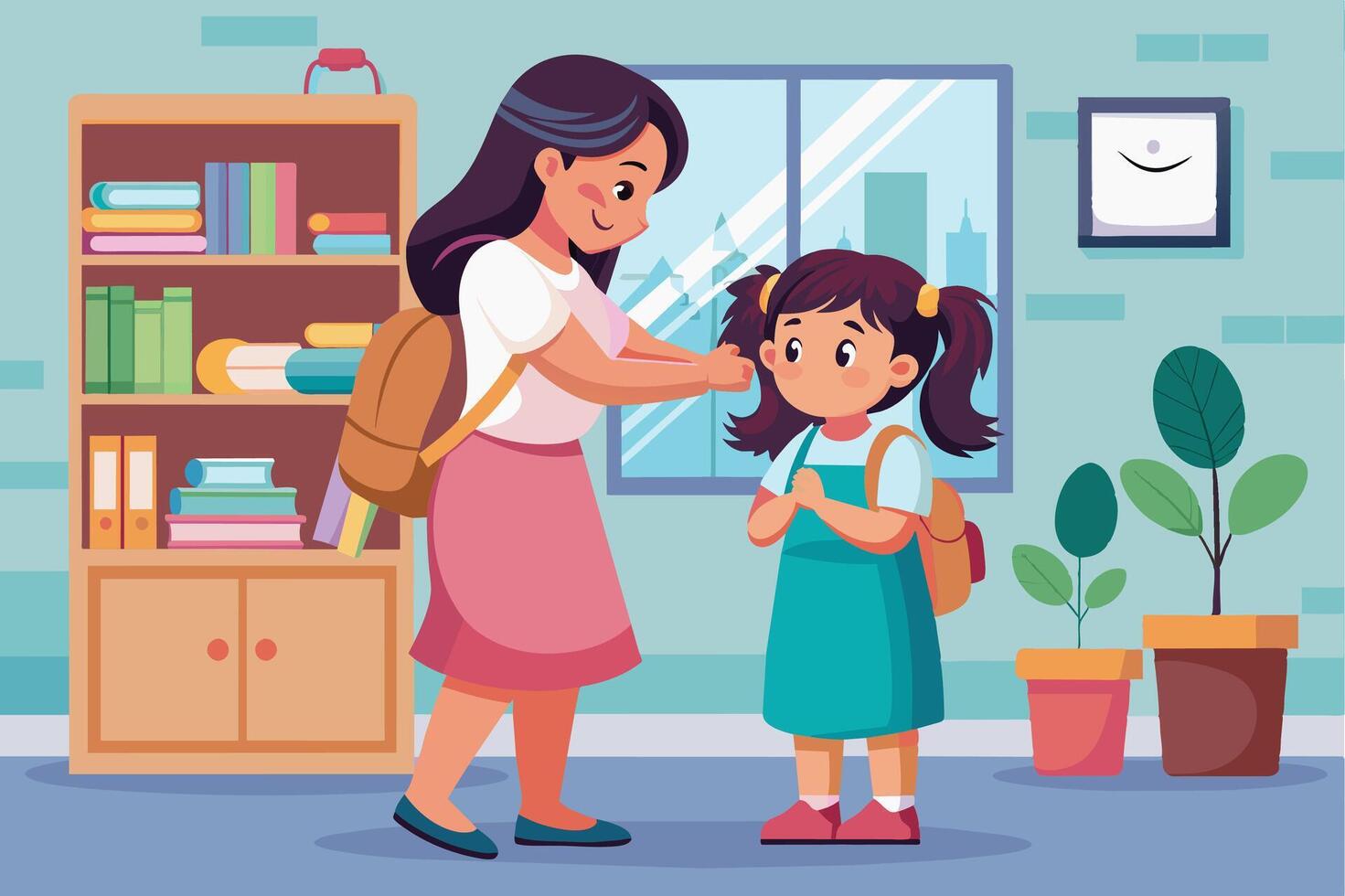 A mother helps her daughter get ready for school by fixing her hair. They are standing in front of a bookshelf filled with books and a window with a cityscape view. vector