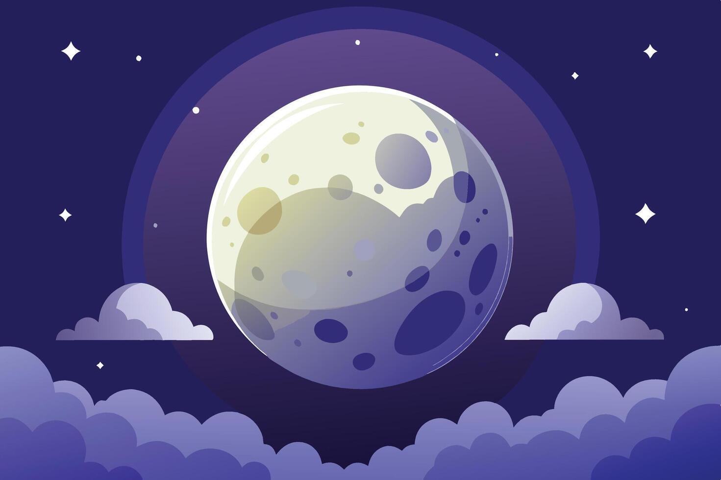A full moon shines brightly in the night sky, surrounded by clouds. vector
