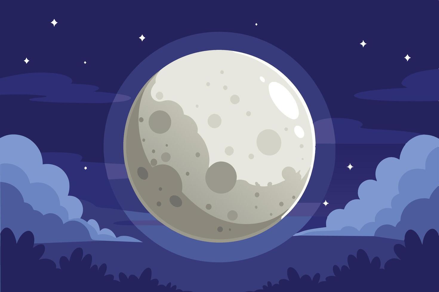 A full moon shines brightly in the night sky, casting a soft glow over a silhouetted landscape. vector
