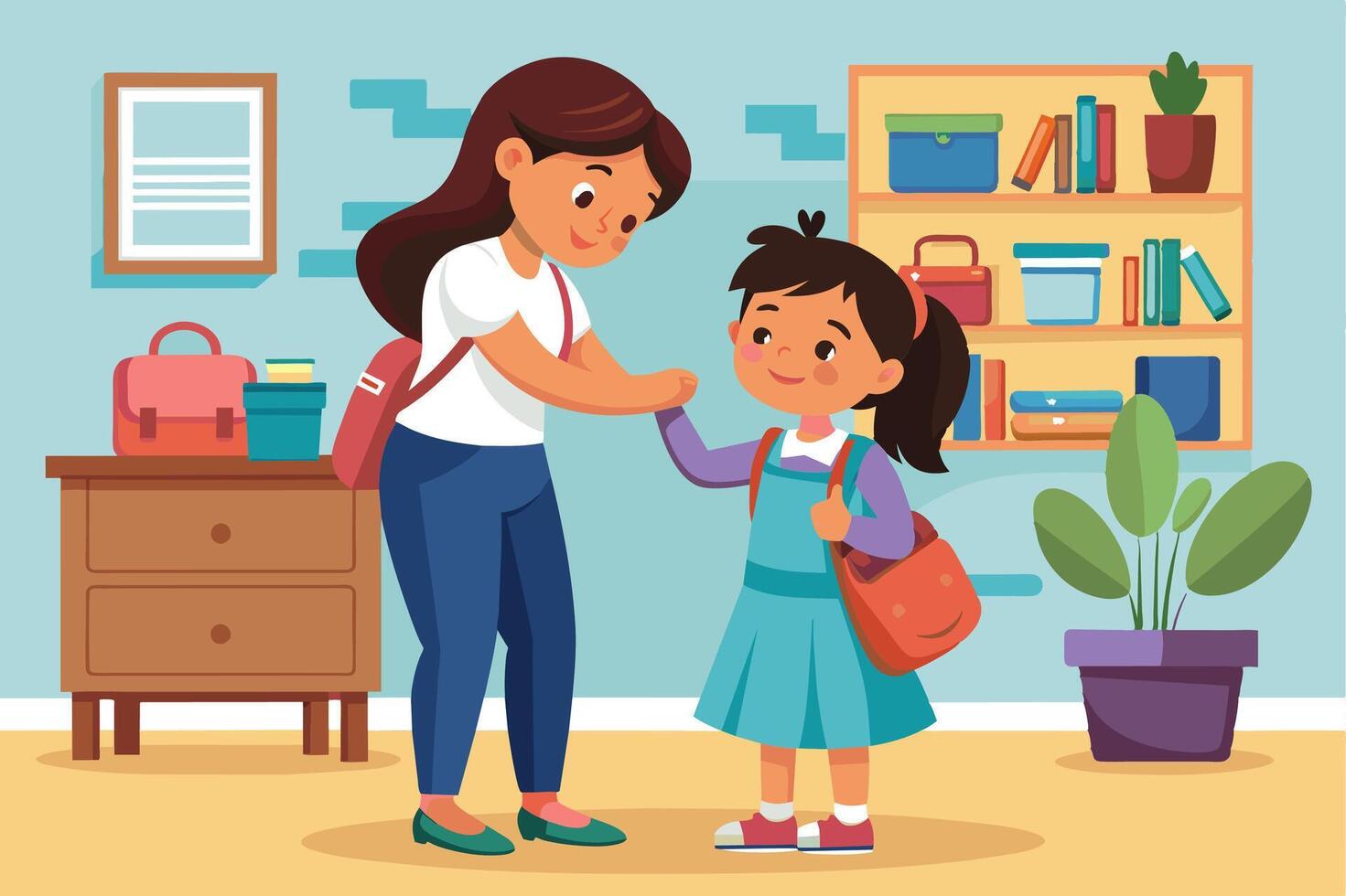 A mother smiles at her daughter as she holds her hand. The girl is wearing a backpack and is ready to go to school. vector