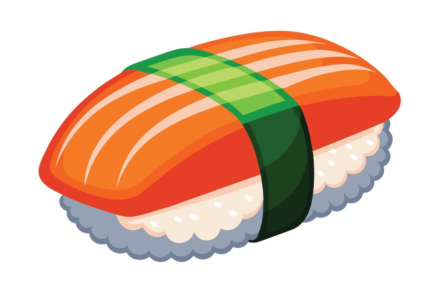 A single piece of salmon nigiri sushi, wrapped in green seaweed, with white rice. vector