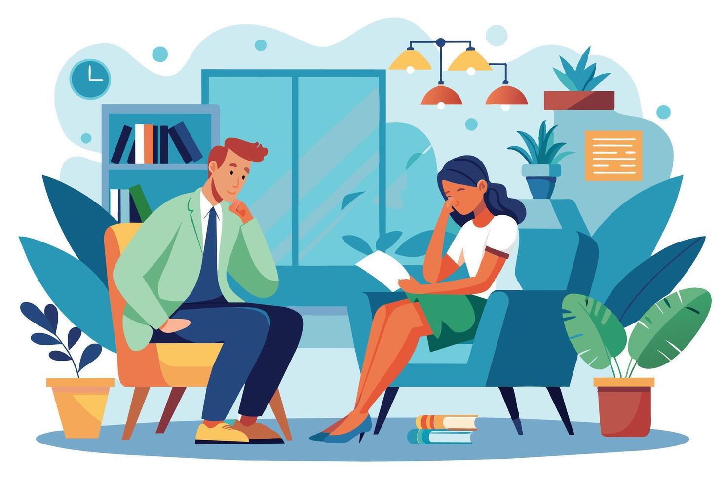 A man sits in a chair, listening intently as a woman shares her thoughts and feelings during a therapy session. vector