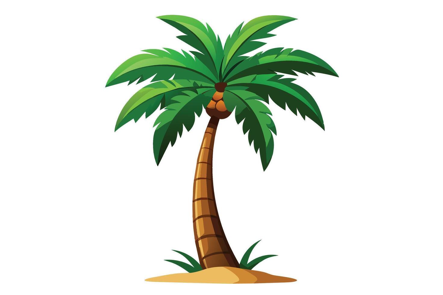 This image features an illustration of a green palm tree with coconuts growing from the top. The tree is standing on a small sandy beach. vector