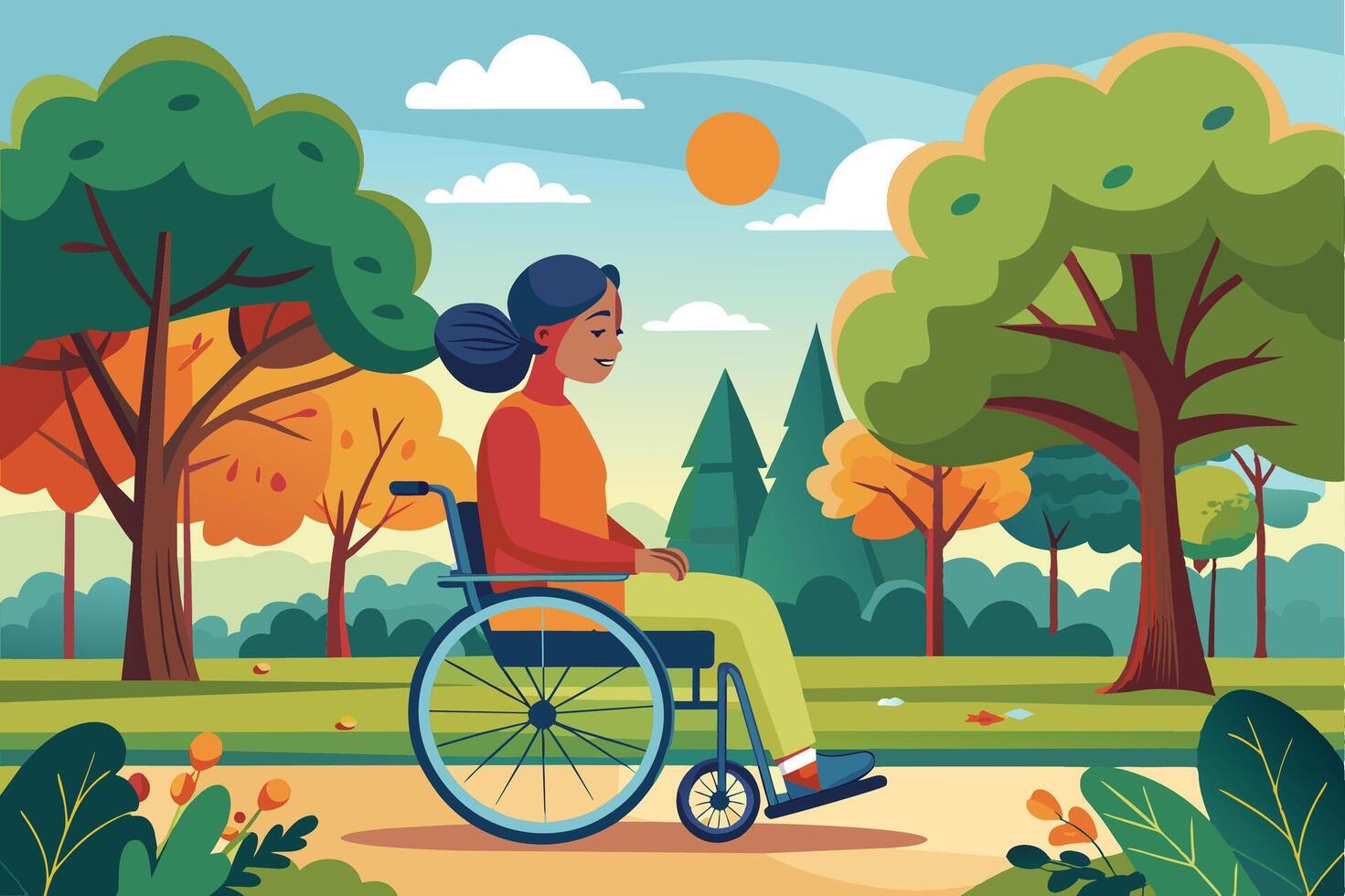 A woman smiles as she enjoys a sunny autumn day in the park, riding in her wheelchair along a paved path. vector