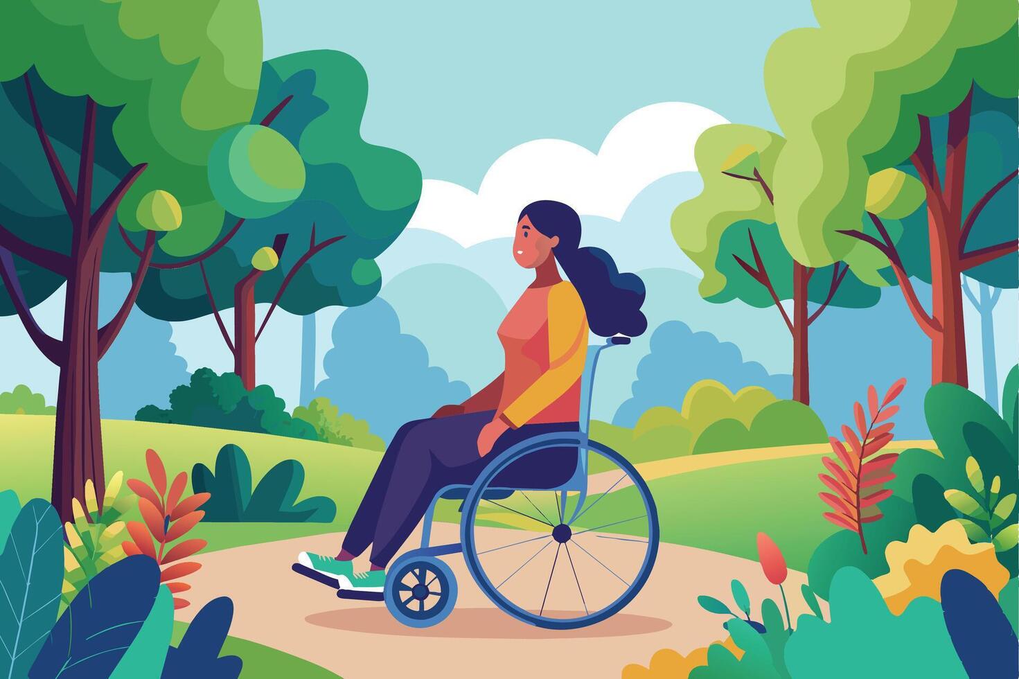 A smiling woman in a wheelchair enjoys a sunny day in a peaceful park filled with lush greenery and trees. vector