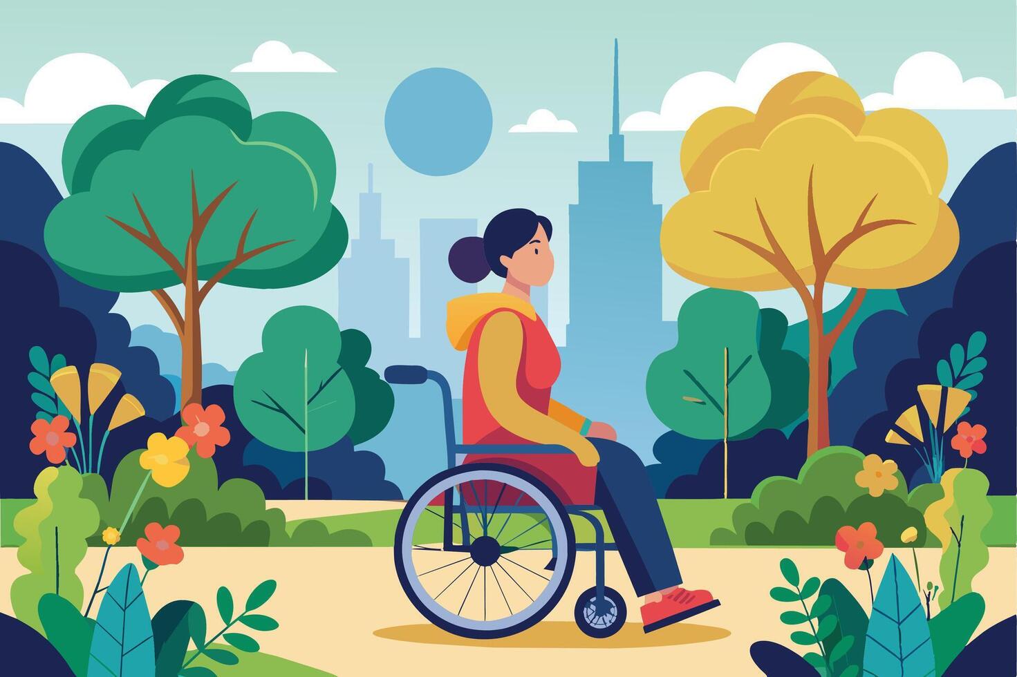 A woman in a wheelchair is smiling and enjoying a sunny day in a city park. The image shows her wheelchair on a paved path with a lush green lawn and trees on either side. vector