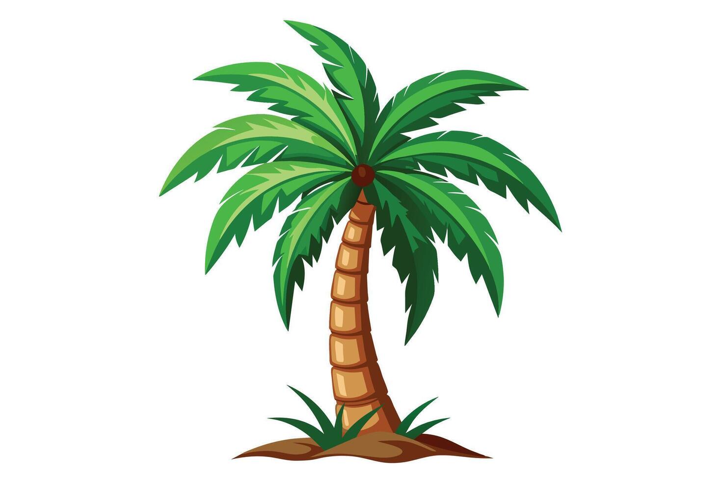 A cartoon illustration of a single palm tree with green fronds against a white background. vector