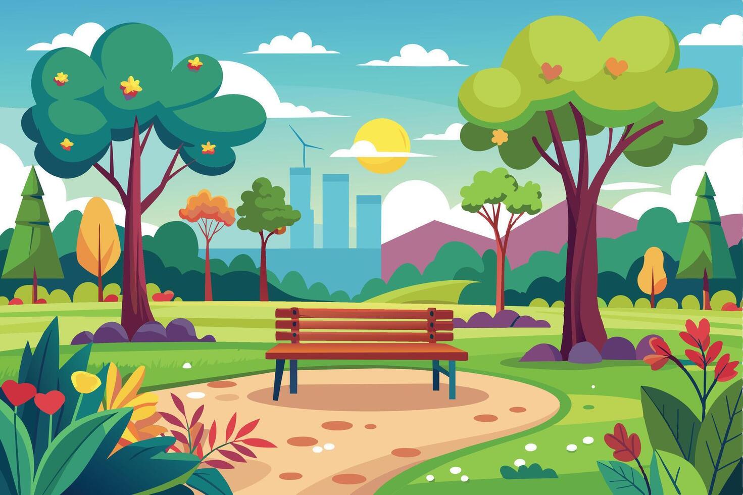 A cartoon illustration of a park with a bench, trees, flowers, a winding path, and a city skyline in the distance. vector